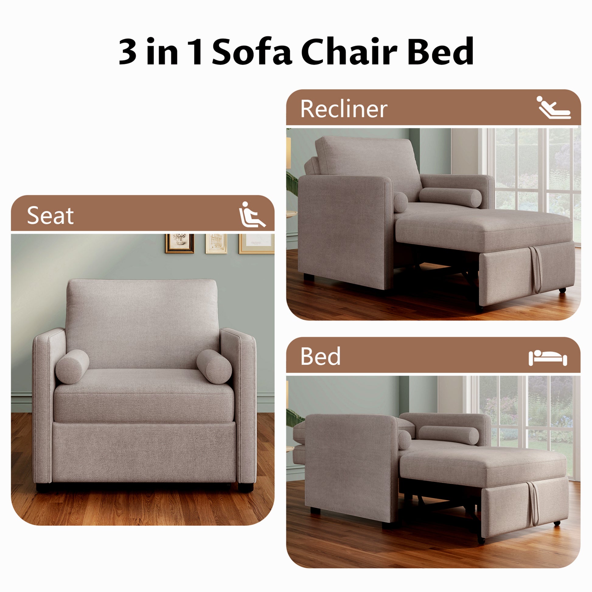 3 In 1 Convertible Sleeper Chair With Adjustable Backrest, Lounger Chair Turns Into Bed, Single Bed For Living Room, Linen, Tan Tan Linen