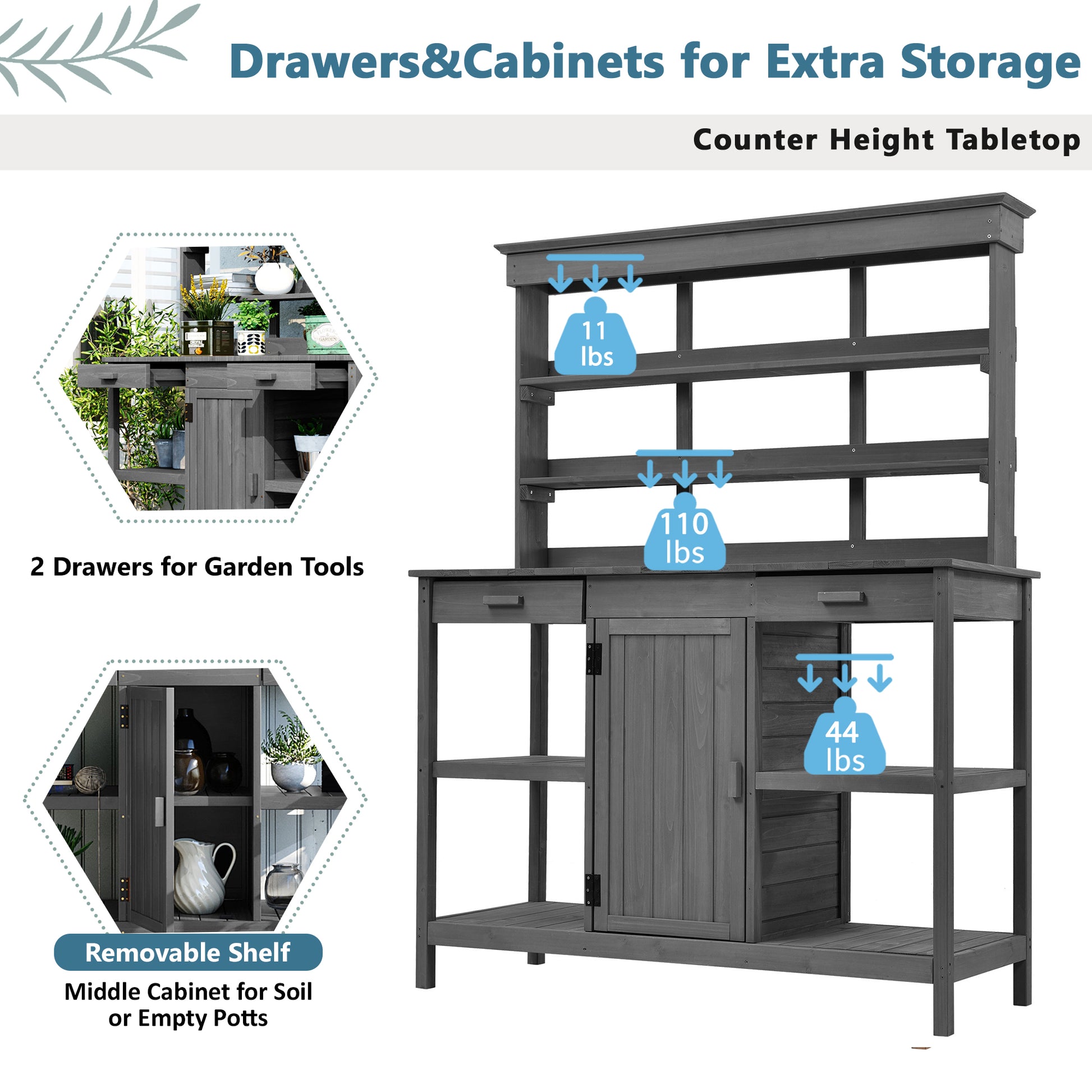 66'' Large Outdoor Farmhouse Wooden Potting Bench Table, Garden Workstation With 2 Drawers,Cabinet And Open Shelves For Backyard, Mudroom, Gray Gray Garden & Outdoor Casual Wood Solid Wood