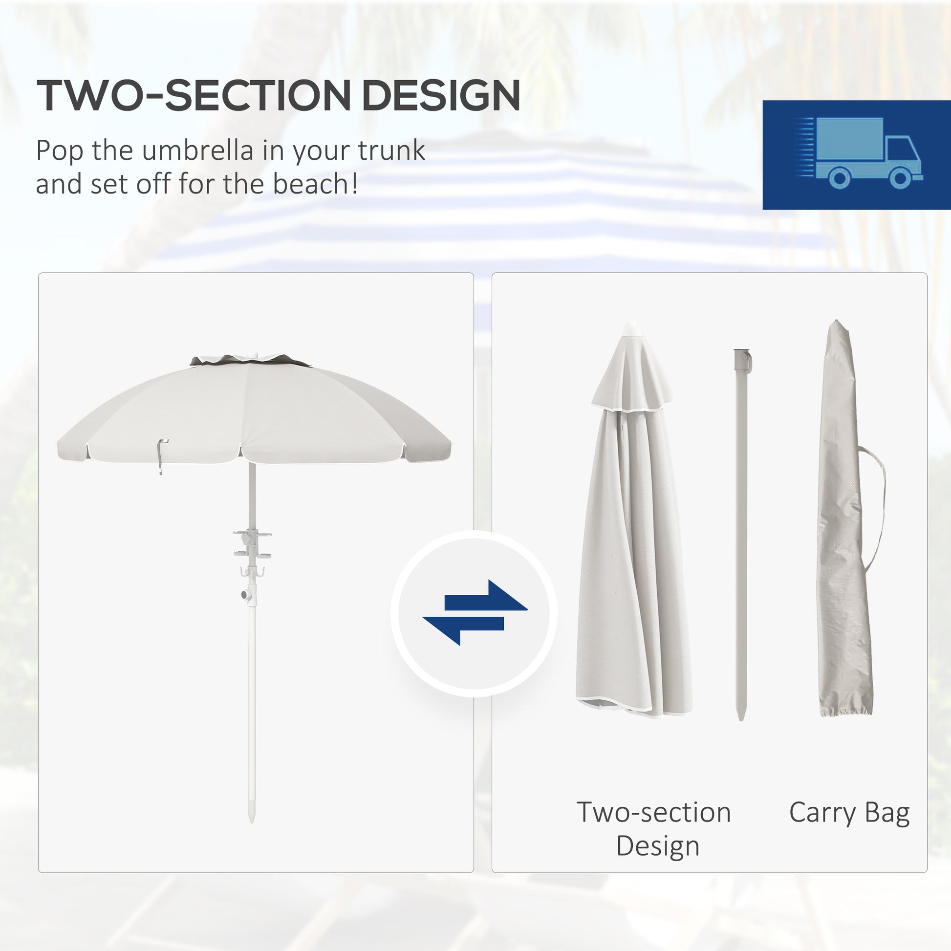 Outsunny 5.7' Portable Beach Umbrella With Tilt, Adjustable Height, 2 Cup Holders & Hooks, Uv 40 Ruffled Outdoor Umbrella With Vented Canopy, Cream White Cream White Polyester