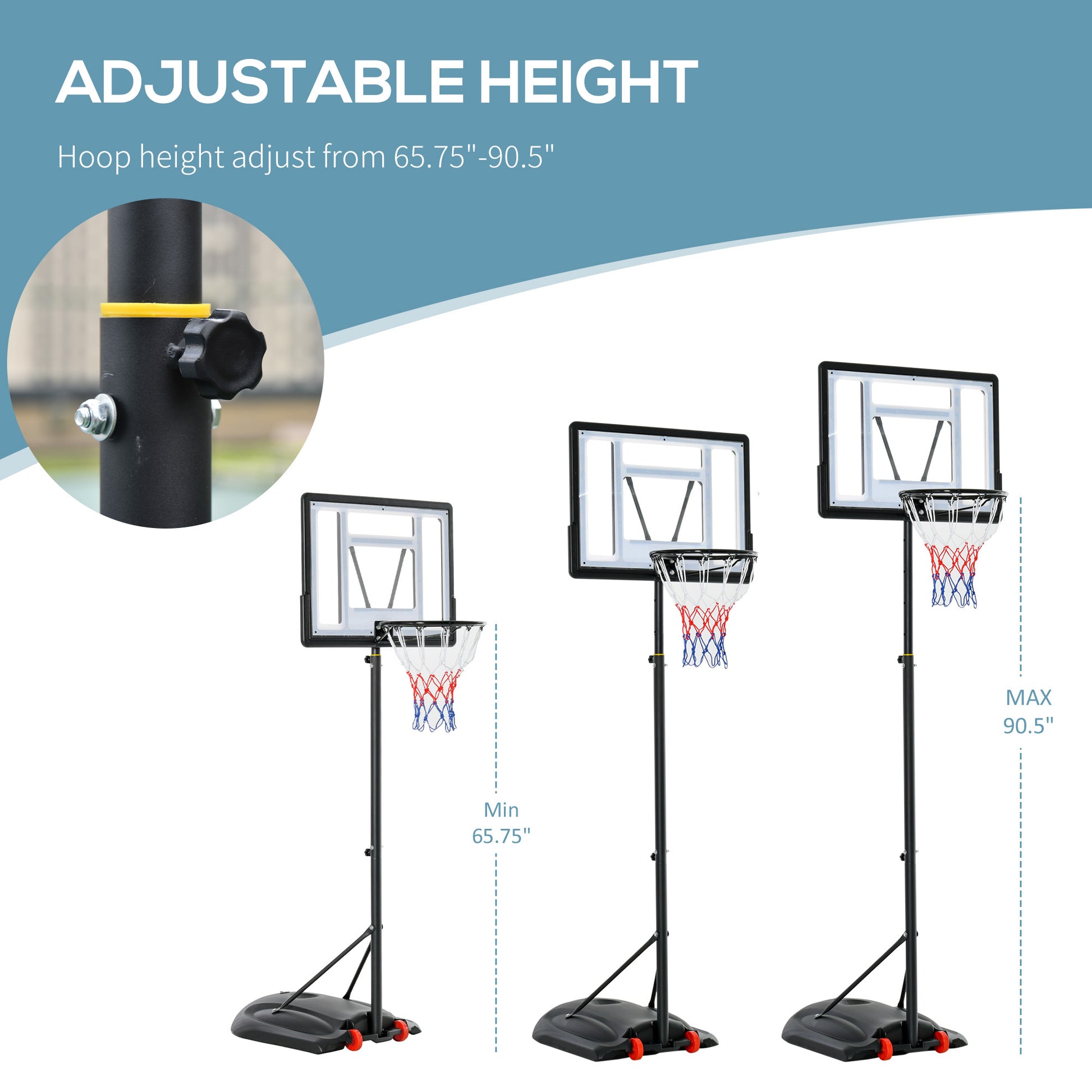 Soozier Basketball Hoop Outdoor, Portable Basketball Goal, 5.5Ft 7.5Ft Height Adjustable With 33'' Backboard And Wheels For Kids Junior Adults Use Black Steel