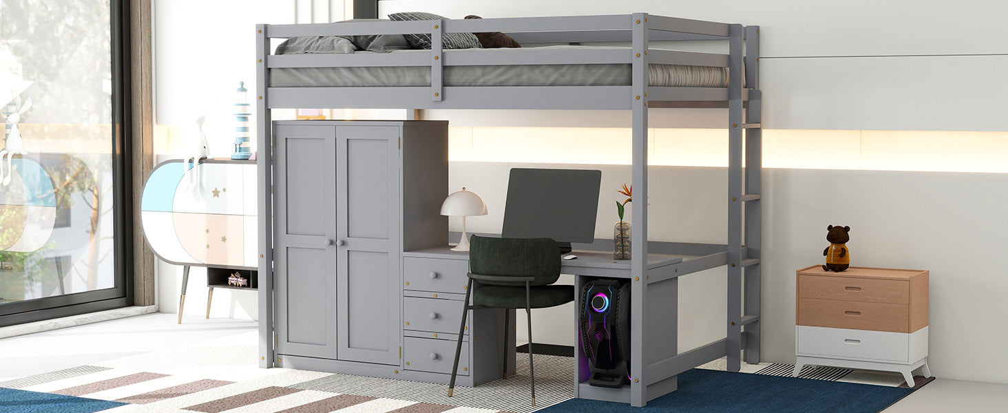 Full Size Loft Bed With Wardrobe, Desk And Storage Drawers, Gray Full Gray Pine