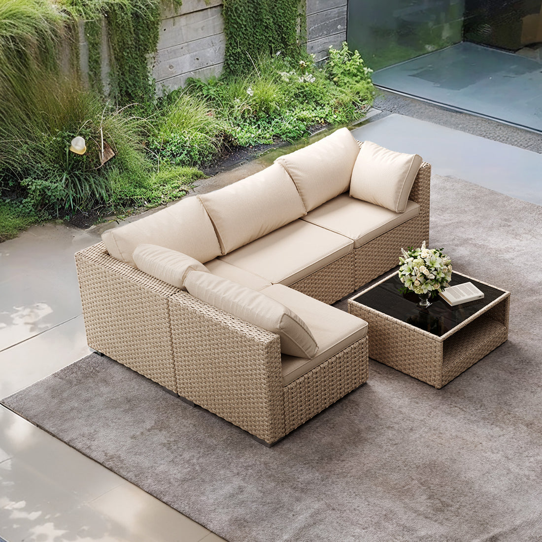 5 Piece Patio Furniture Set, All Weather Boho Outdoor Conversation Set Sectional Sofa With Water Resistant Grey Thick Cushions Beige Pe Rattan Iron Waterproof Fabric