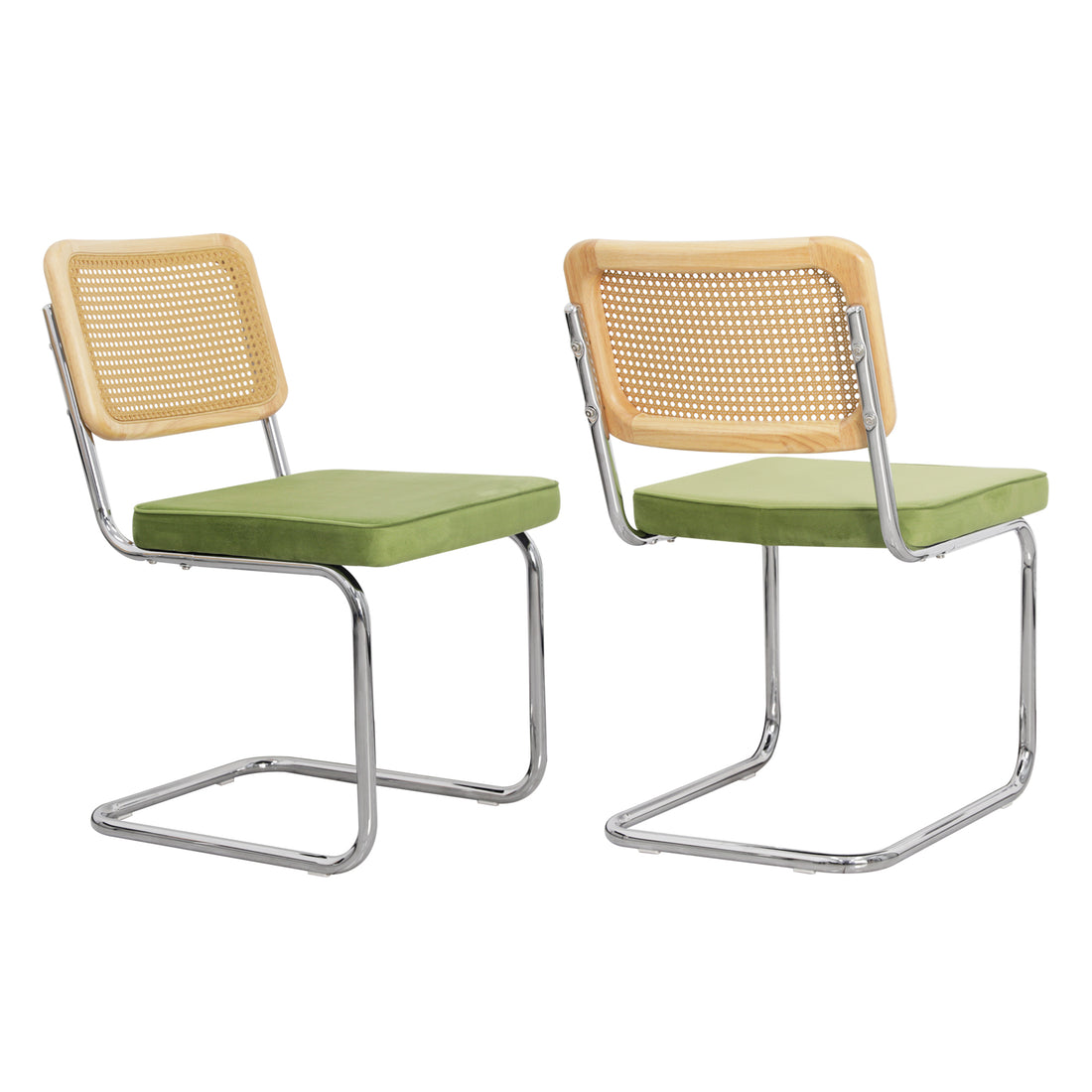 Mid Century Modern Dining Chairs Set Of 2, Velvet Accent Chairs With Natural Cane Back, Green Green Dining Room Foam Dining Chairs Set Of 2 Fabric,Pe Rattan Iron