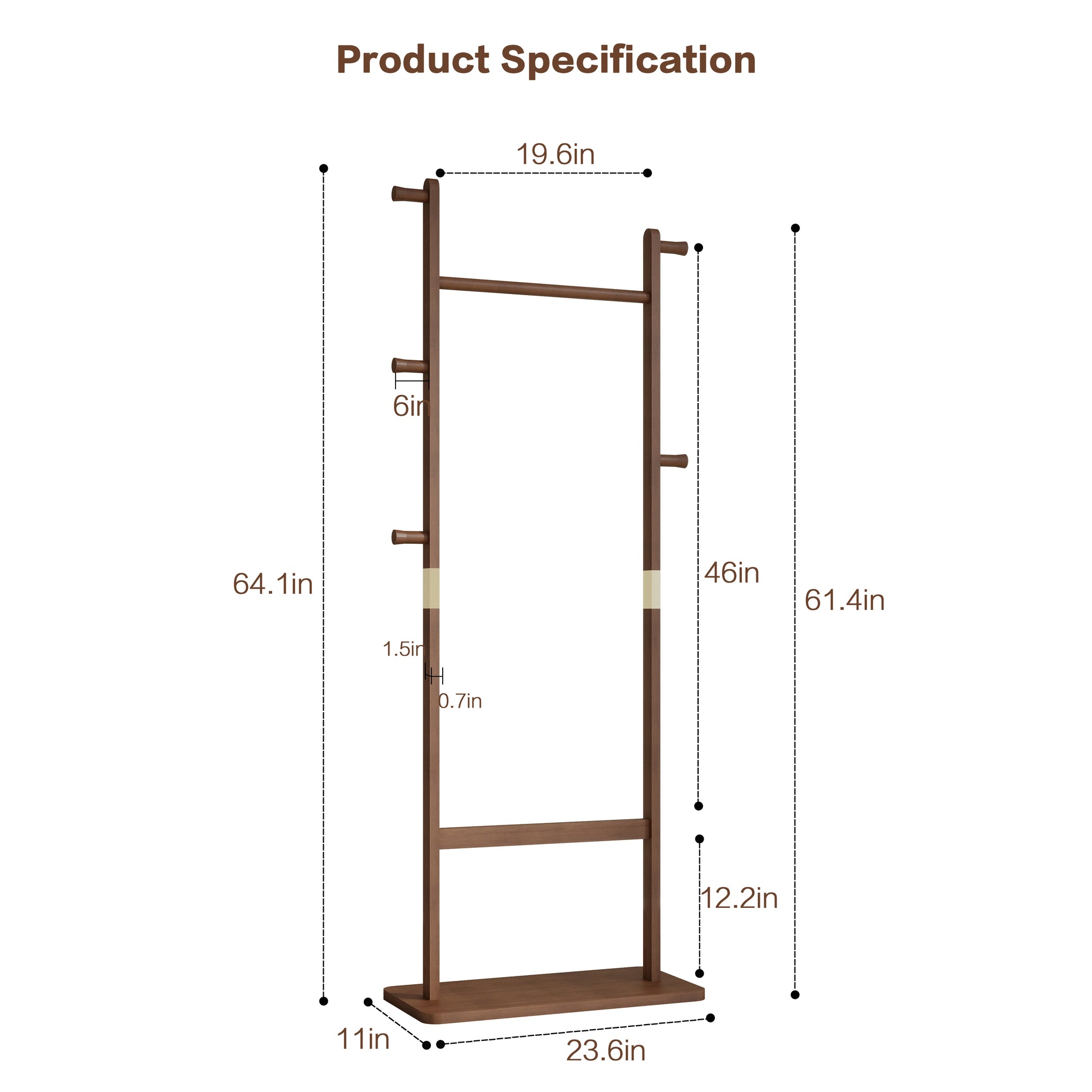 Coat Racks Solid Wood Hanger 23.6* 11*64.1In Solid Environmental Protection Easy To Assemble Beautiful Can Be Placed In The Bedroom Entrance Living Room Walnut Walnut Brown American Design,Art