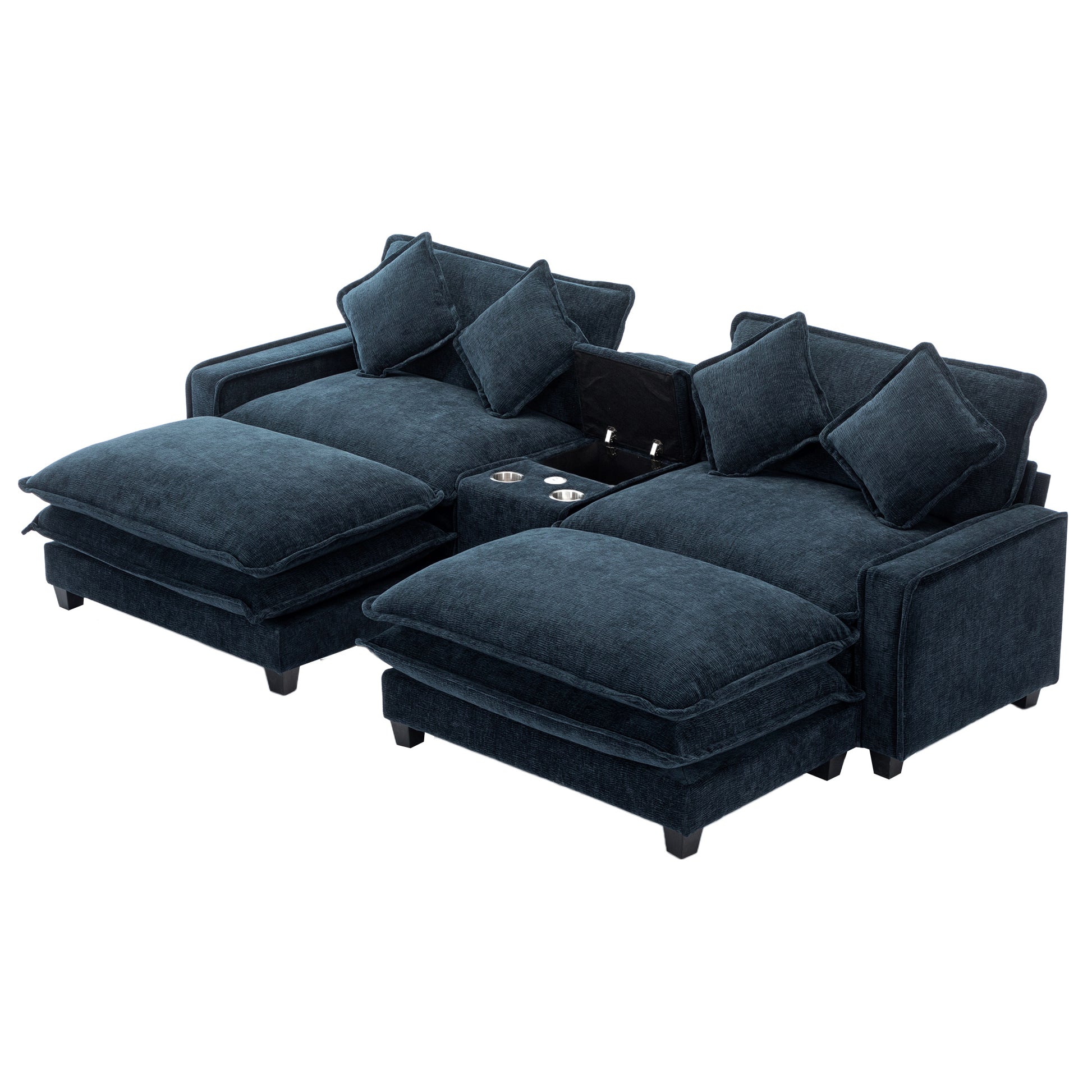 112.6" Sectional Sofa Chenille Upholstered Sofa With Two Removable Ottoman, Two Usb Ports, Two Cup Holders And Large Storage Box For Living Room, Blue Blue Foam Chenille 2 Seat