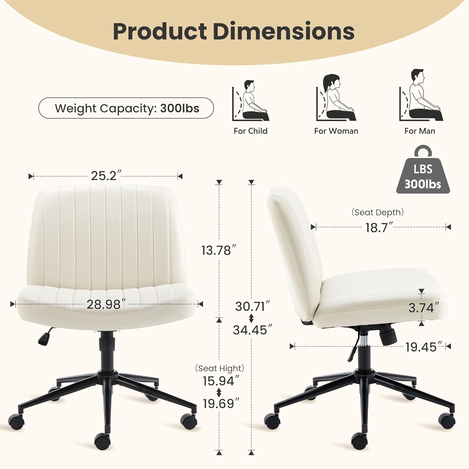 Criss Cross Chair With Wheels, Armless Legged Office Desk Chair, Comfy Swivel Rolling Vanity Chair, Ergonomic Fabric Modern Wide Seat Adjustable Home Office Chair White Pu White Metal