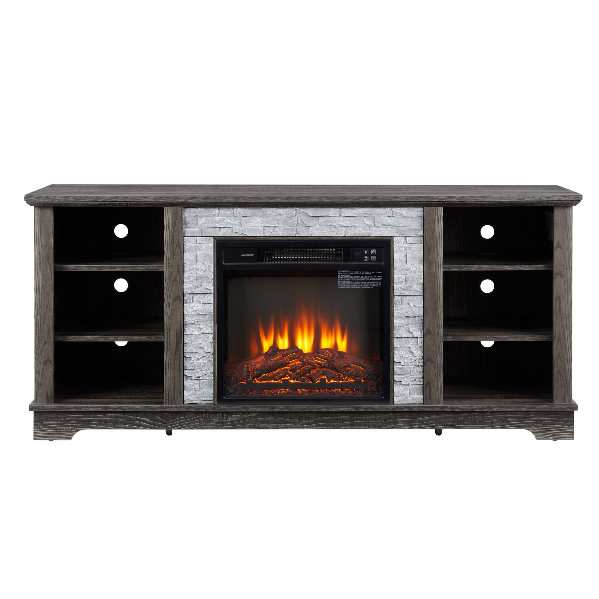 Mantel Electric Fireplace Stone Tv Media Stand With With Faux Stacked Stone Surround, Modern Entertainment Console With Open Storage Space,Grey, 58.31"W*15.39"D*26.06"H Grey 60 69 Inches Mdf