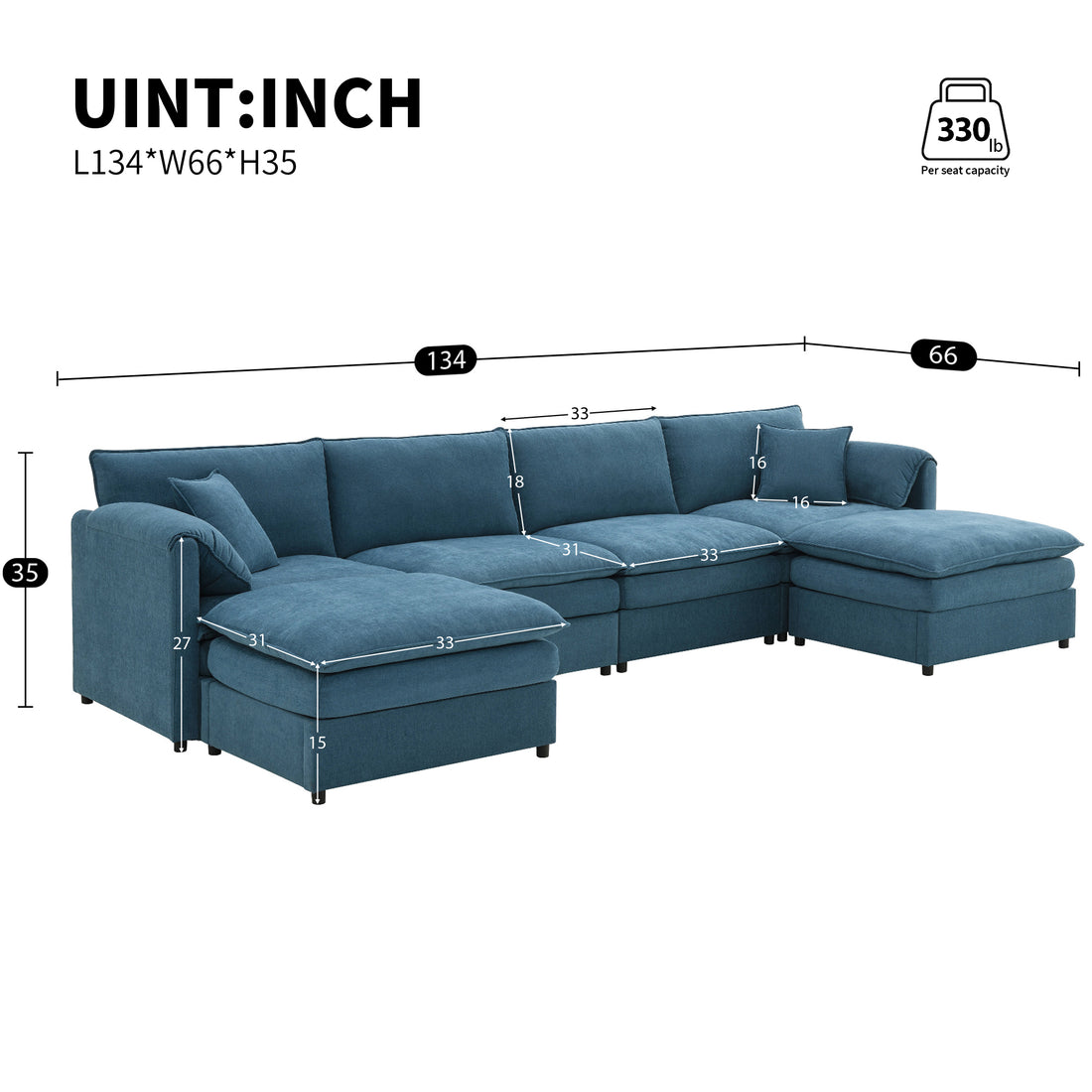 134*66" Chenille Modular Sectional Sofa,U Shaped Cloud Couch Set With Double Cushions ,6 Seat Sleeper Sofa Bed With Ottomans,Oversized Indoor Furniture For Living Room, 3 Colors Blue Chenille 6 Seat