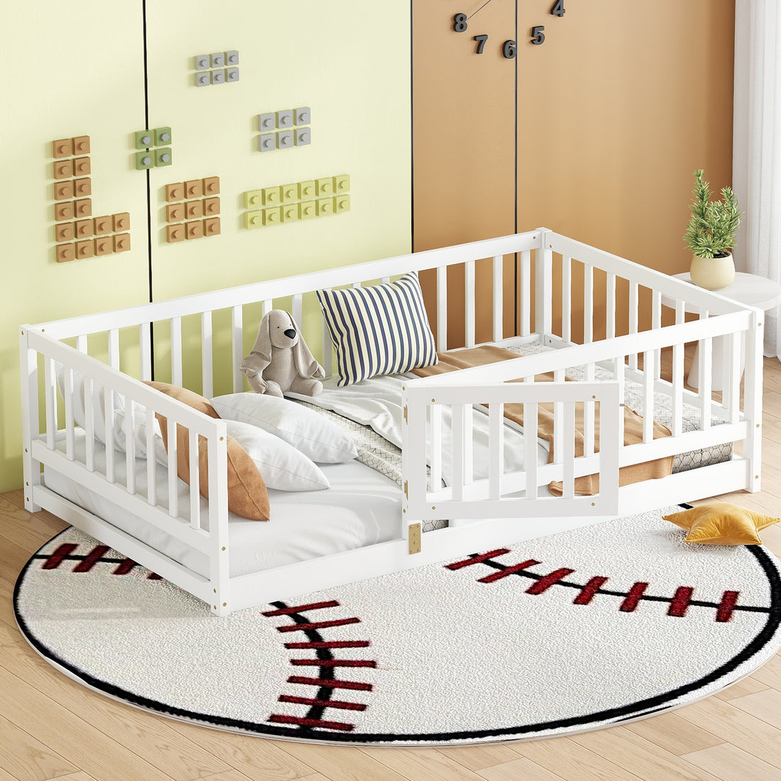 Twin Size Floor Bed With Slats, Montessori Floor Bed With Fence And Door, Kids Montessori Bed Twin Size, Wood Montessori Floor Bed For Kids, Girls, Boys Twin White Twin White Wood White Pine Pine