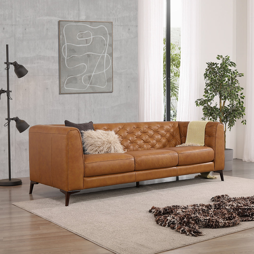 Fargo Tan Leather Sofa Brown,Rustic,Tan Brown Genuine Leather Wood Loose Back Foam Genuine Leather 3 Seat