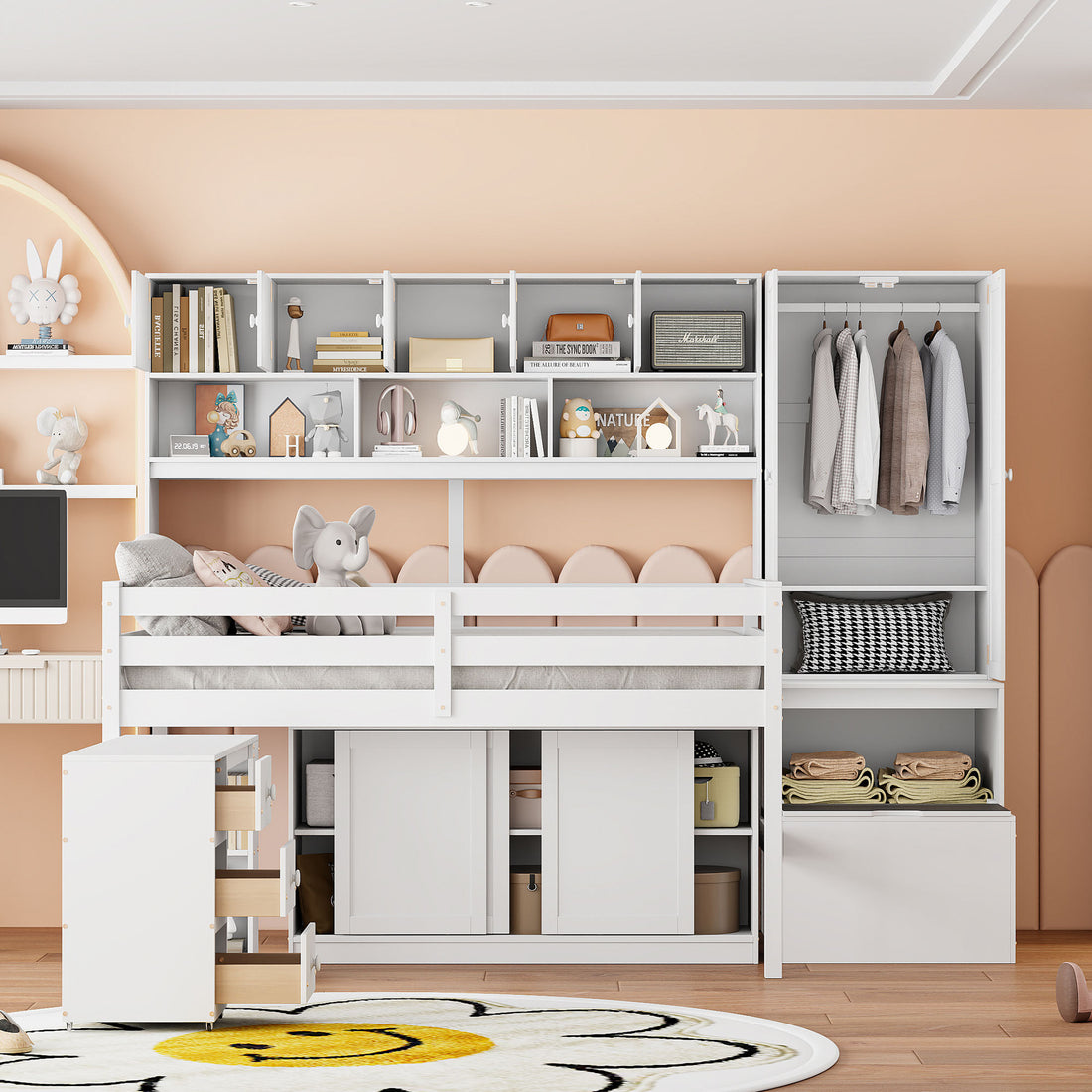 Full Size Wooden Loft Bed Big Storage With Under Bed Desk, With Drawers, With Shelves, White Full White Plywood
