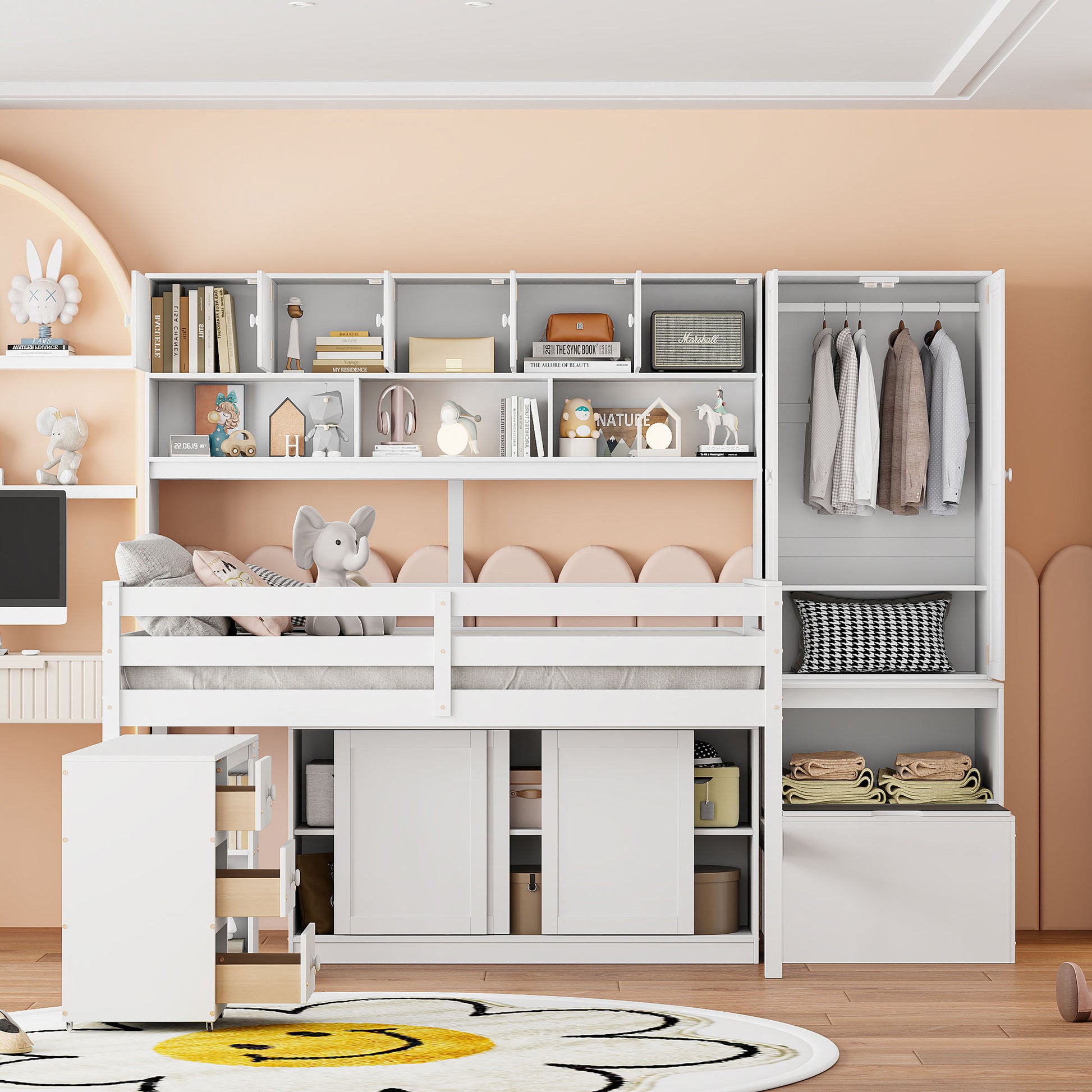 Full Size Wooden Loft Bed Big Storage With Under Bed Desk, With Drawers, With Shelves, White Full White Plywood