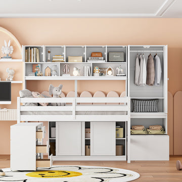 Full Size Wooden Loft Bed Big Storage With Under Bed Desk, With Drawers, With Shelves, White Full White Plywood
