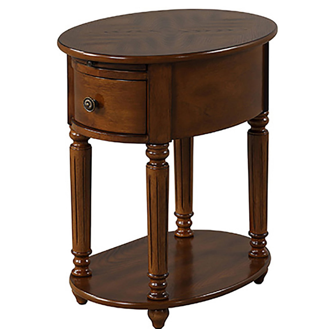 Dark Oak Accent Table With Bottom Shelf Dark Oak Primary Living Space Freestanding Rubberwood Oval Drawers Coffee & End Tables Oval Wood H Shape