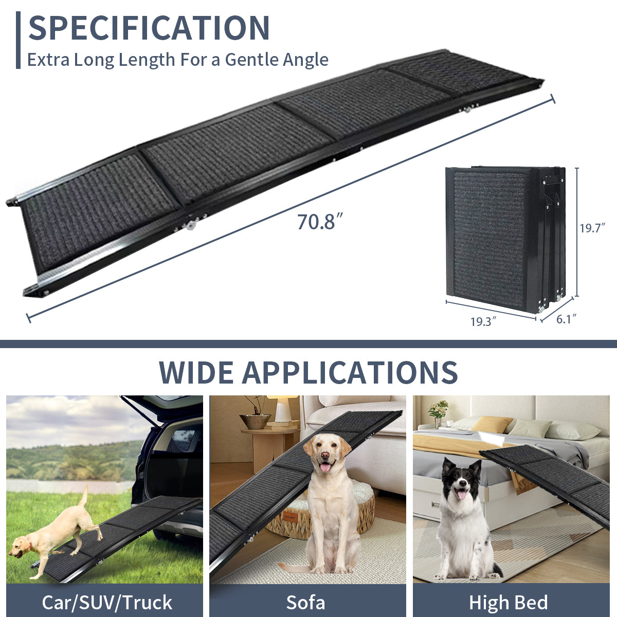 Dog Ramp For Car, 71" Long & 20" Wide Folding Portable Pet Stair Ramp With Non Slip Rug Surface, Extra Wide Dog Steps For Medium & Large Dogs Up To 250Lbs Enter A Car, Suv & Truck Grey Aluminium