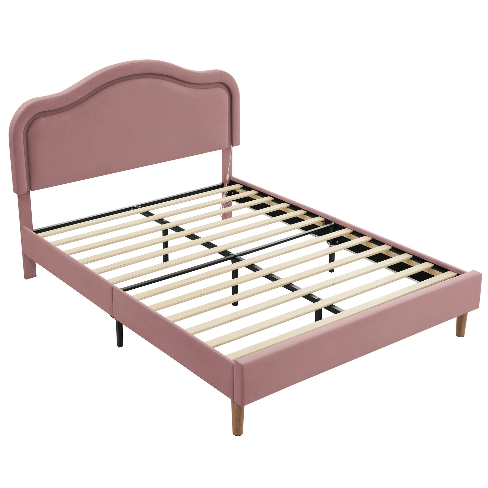 Full Size Velvet Upholstered Smart Led Bed Frame With Adjustable Height Headboard,No Box Spring Needed,Easy Assembly,Pink Box Spring Not Required Full Pink Wood Bedroom Cute,Modern Bed Frame Wood