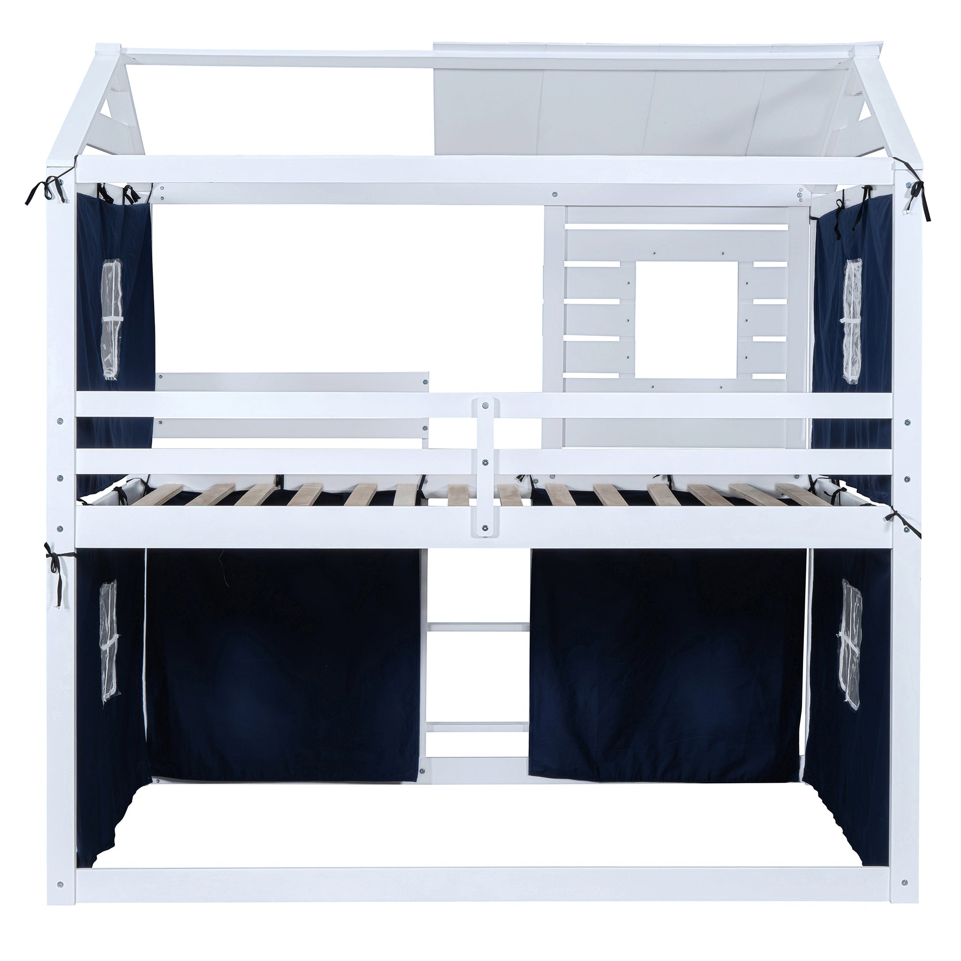 Full Size Bunk Wood House Bed With Tent, Blue White Full Blue Solid Wood Mdf