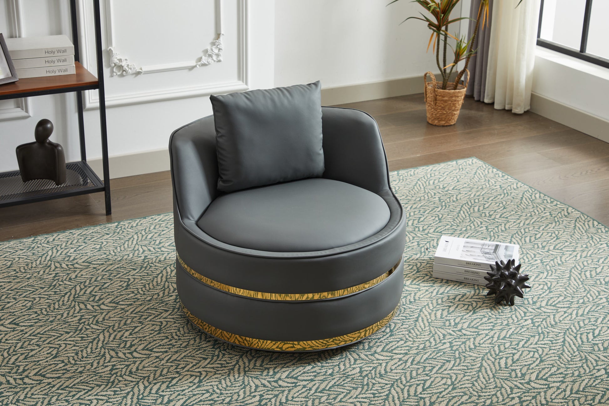 Swivel Chair, 360 Swivel Accent Chair, Barrel Chair For Living Room Bedroom Dark Grey Faux Leather