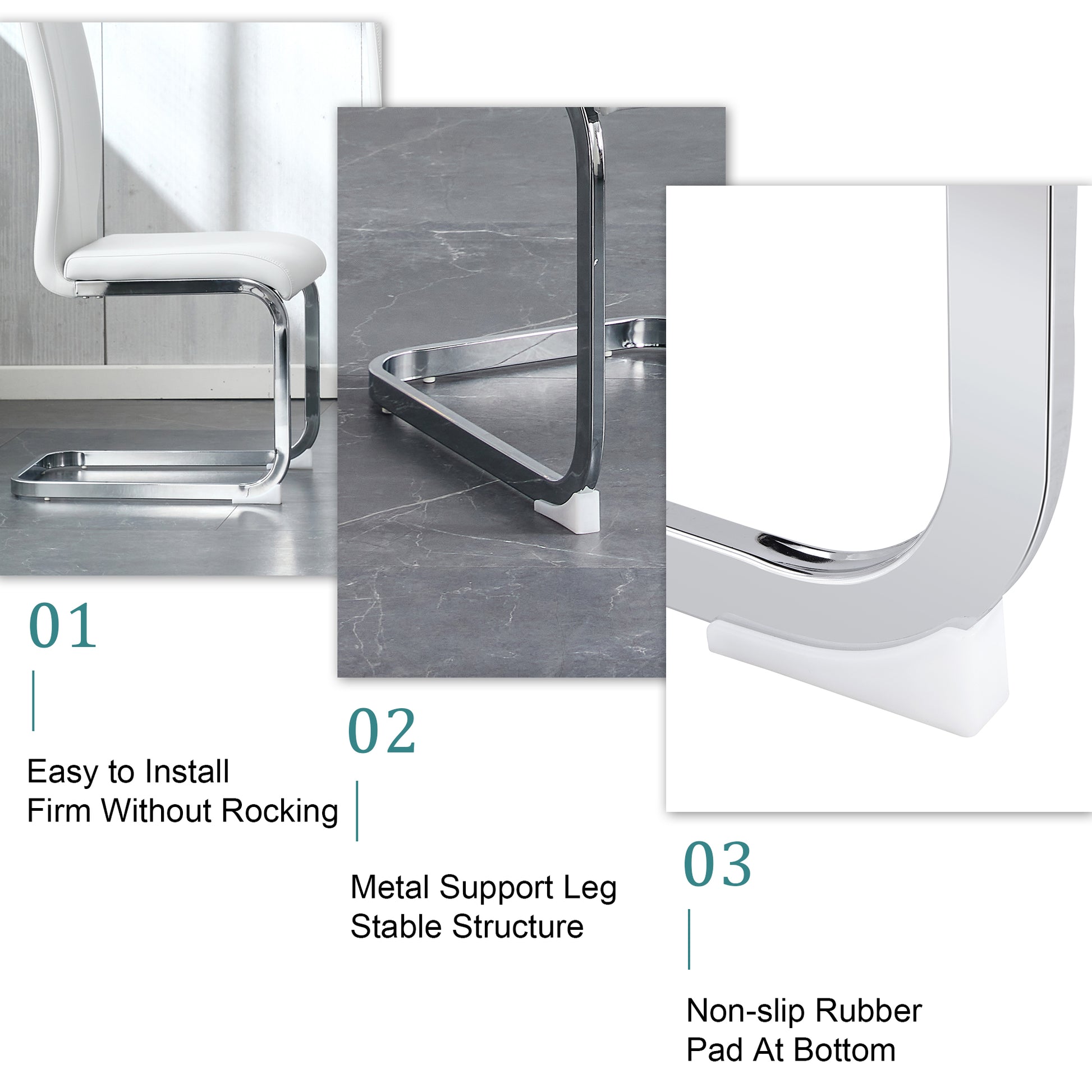 Table And Chair Set. Large Modern Rectangular Table With Glass Top And Silver Metal Legs. Furnished With Soft And Comfortable Pu Chairs With Faux Leather Upholstered Seats And Silver Metal Legs. White Silver Seats 6 Glass Metal