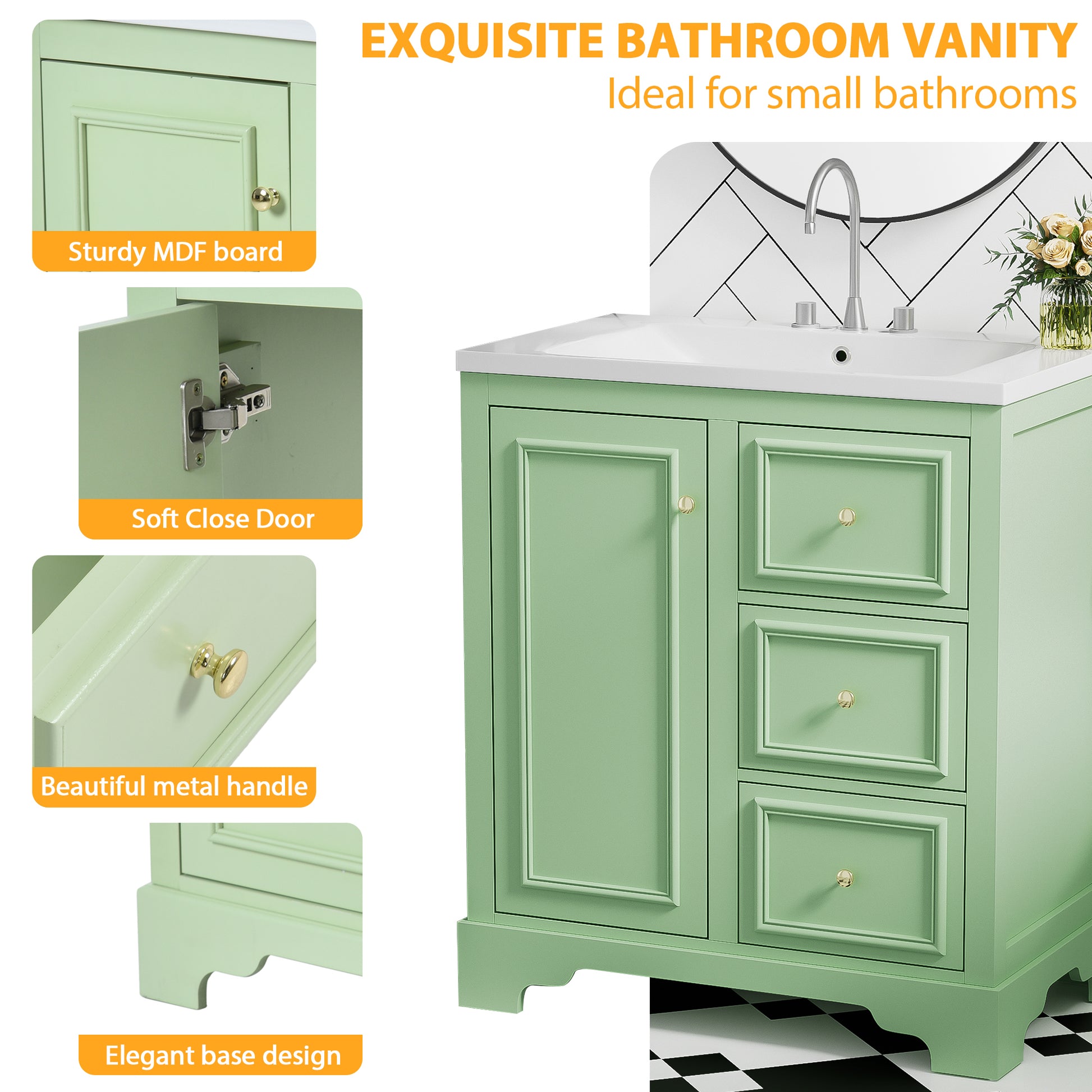 30 Inch Bathroom Vanity Cabinet With Ceramic Basin, 3 Drawers And Adjustable Shelves Green Bathroom Solid Wood Mdf