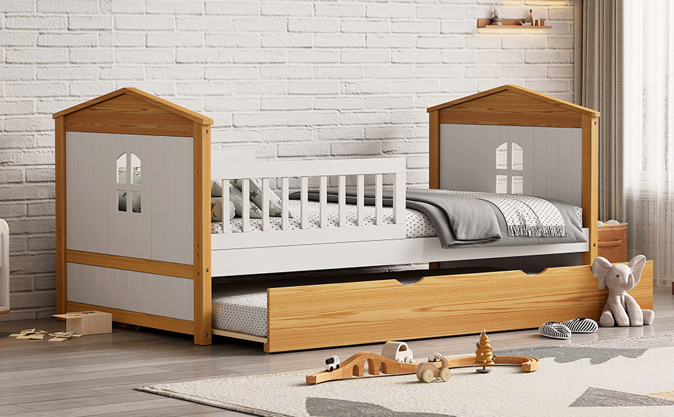 Twin Size House Shape Bed With Trundle Wooden Bed For Girls Boys Teens, No Box Spring Needed, Walnut And White Box Spring Not Required Twin White Walnut Wood Bedroom Cute Pine Bed Frame Wood