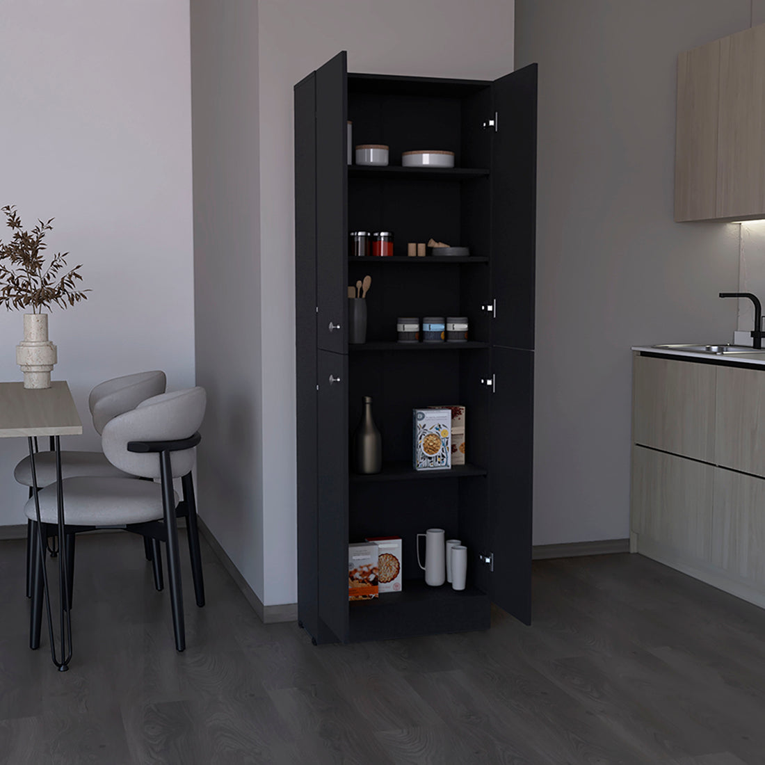 Kitchen Pantry 71" H, 4 Doors, 5 Adjustable Shelves, Laundry, Black Black Solid Wood Mdf Engineered Wood