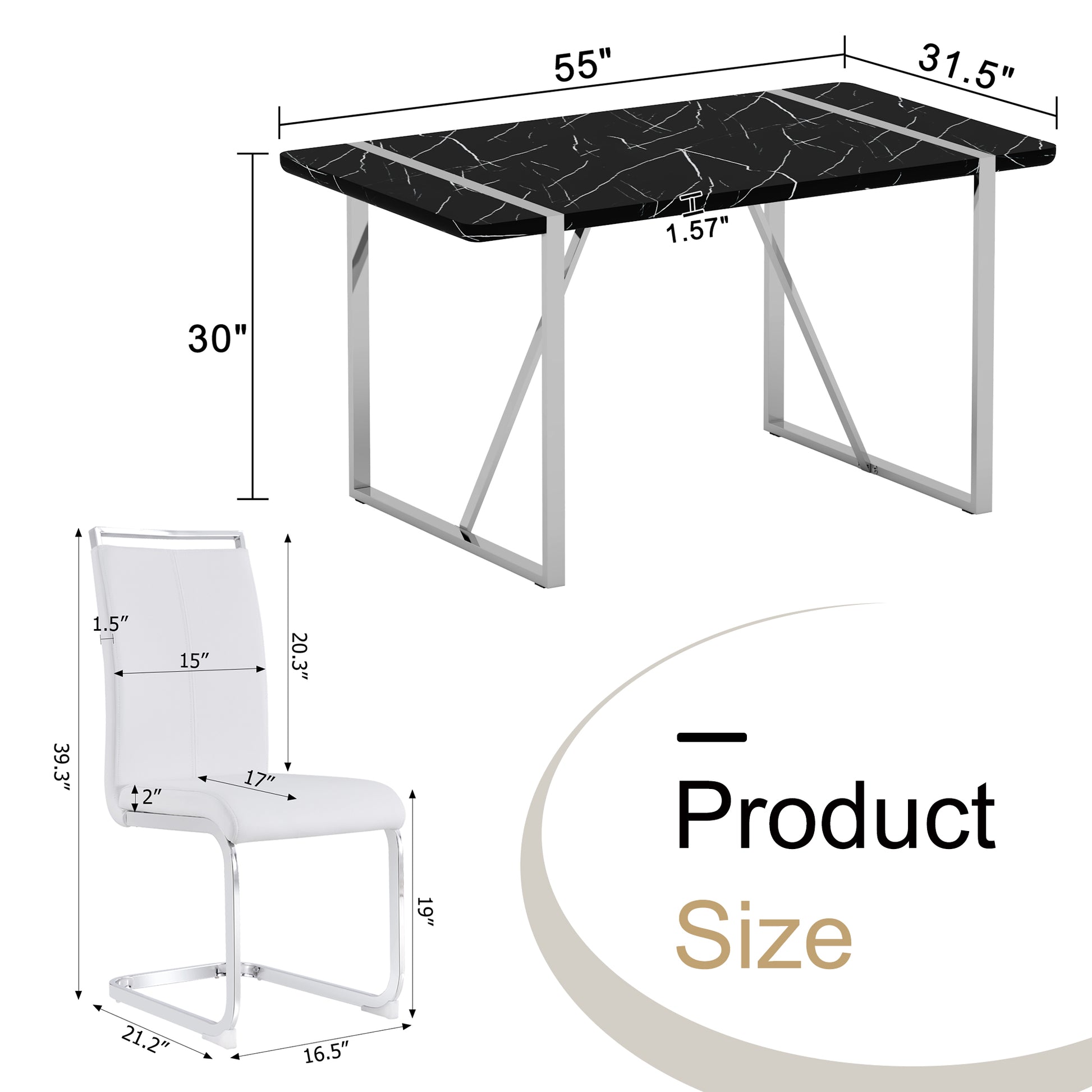 Table And Chair Set.A Rustic Industrial Rectangular Mdf Black Dining Table With Mdf Desktop And Electroplated Silver Metal Legs.Paried With 4 Chairs With Pu Cushion And Metal Legs. White Black Seats 4 Mdf Metal