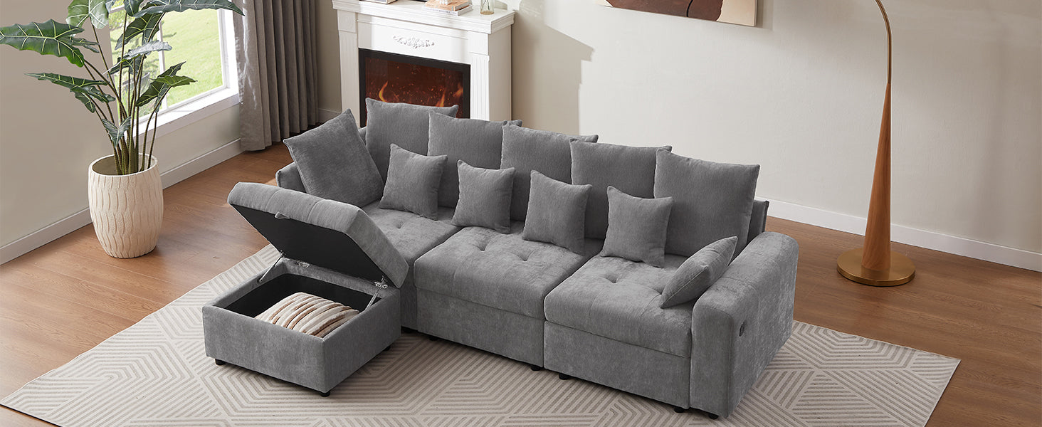 96.45"Sectional Sofa Modular Sofa Couch With Three Usb Ports, A Removable Storage Ottoman And Five Back Pillows For Living Room, Grey Grey Foam Chenille 4 Seat