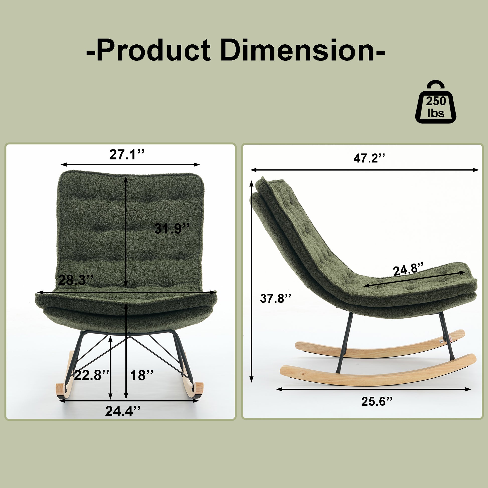 Lazy Rocking Chair,Comfortable Lounge Chair With Wide Backrest And Seat Wood Base, Upholstered Armless Rocker Chair For Living Room, Balcony,Bedroom And Patio Porch. Dark Green Cushion Iron Dark Green Primary Living Space Sponge Square Casual Rocking