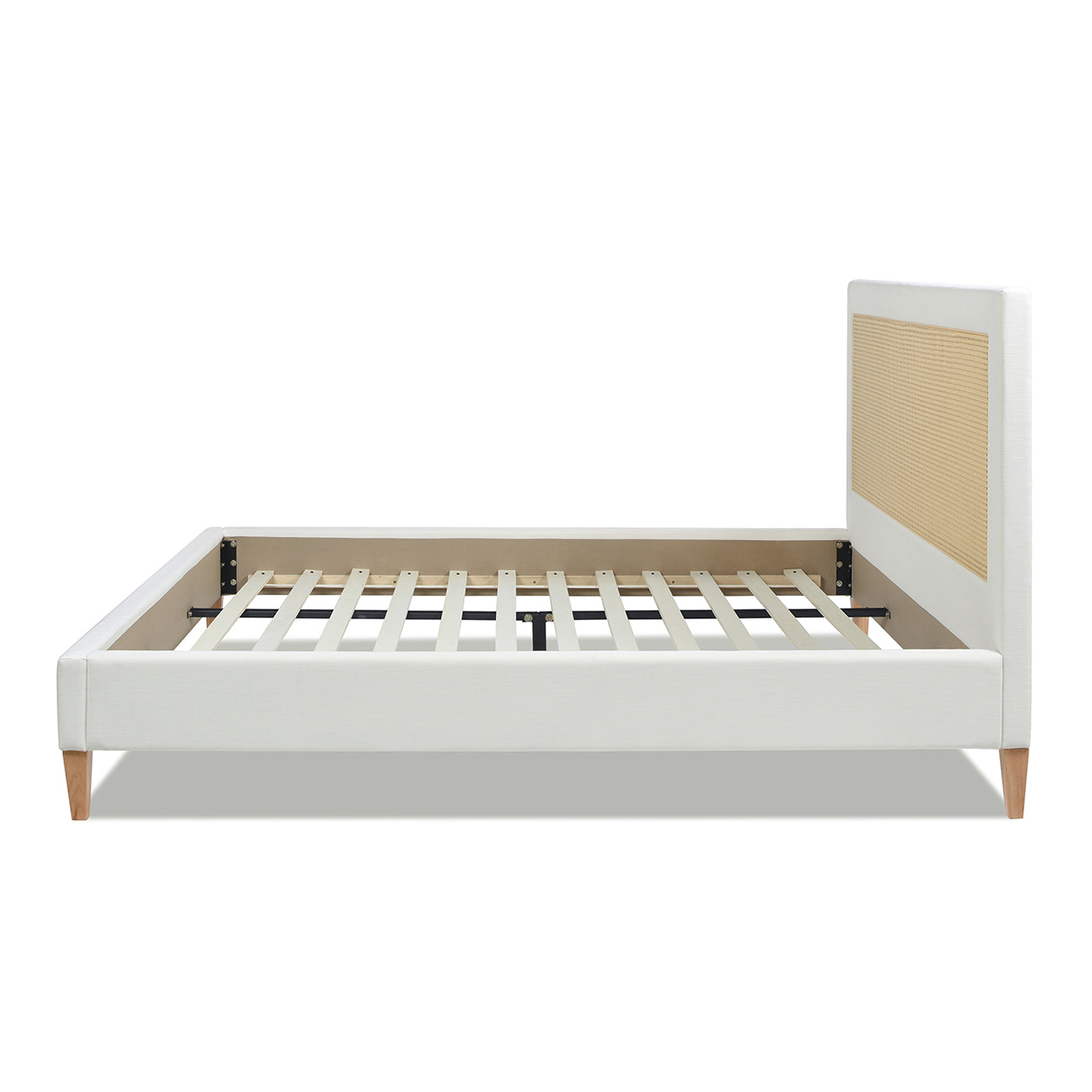 Haley Upholstered Cane Back Platform Bed, King, Antique White Polyester Box Spring Not Required King Antique White Wood Foam Polyester Polyester