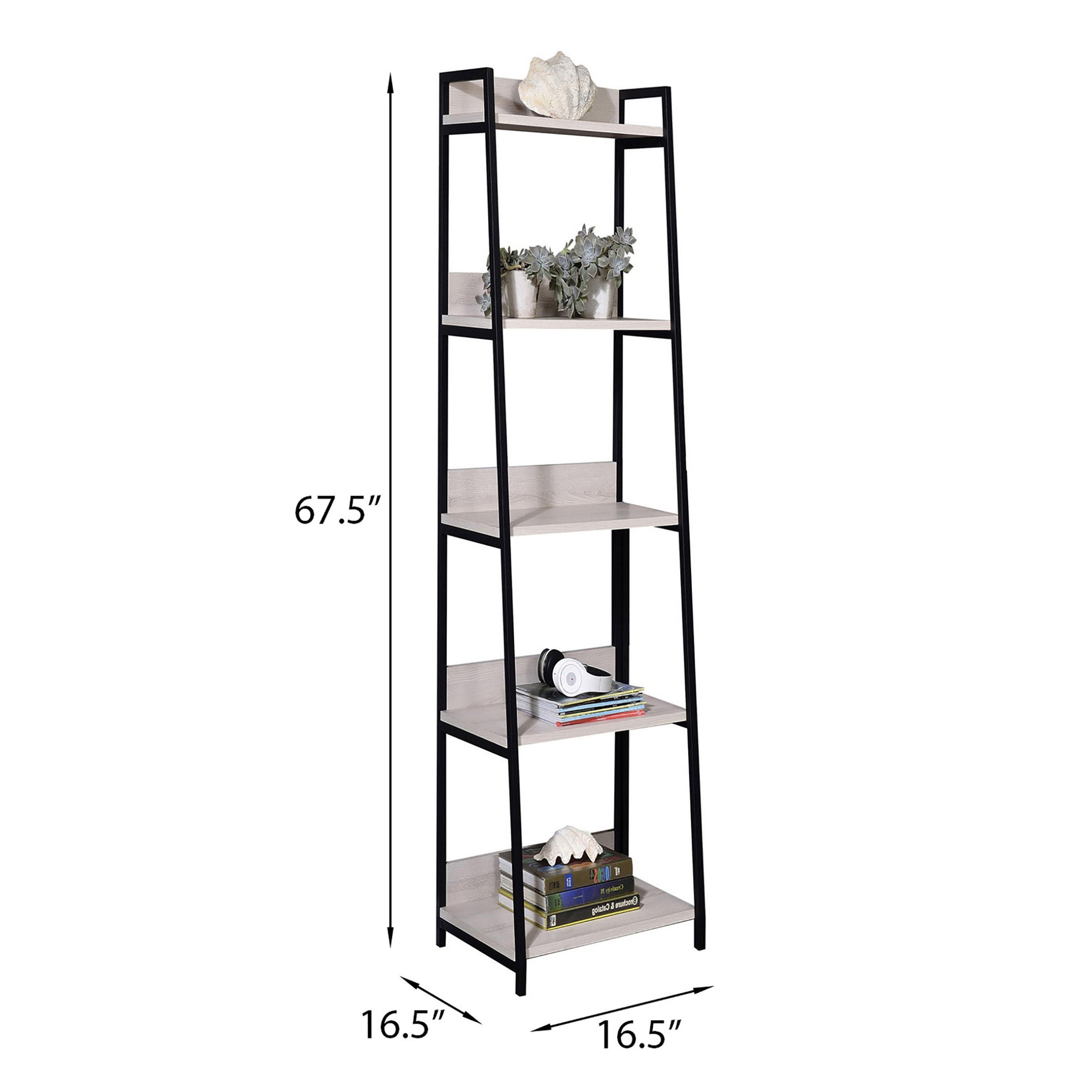 Natural And Black 5 Tier Ladder Bookshelf 5 Natural Black Horizontal Primary Living Space Open Back Industrial Adjustable Shelves Wood Metal