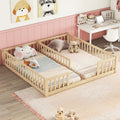 Double Twin Floor Bed With Fence, Guardrails, Without Door, Natural Twin Natural American Design Pine