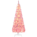 Homcom 6Ft Prelit Snow Flocked Artificial Christmas Tree With Pencil Shape, Pine Realistic Branches, Warm White Led Lights, Auto Open, Pink And White Pink Plastic