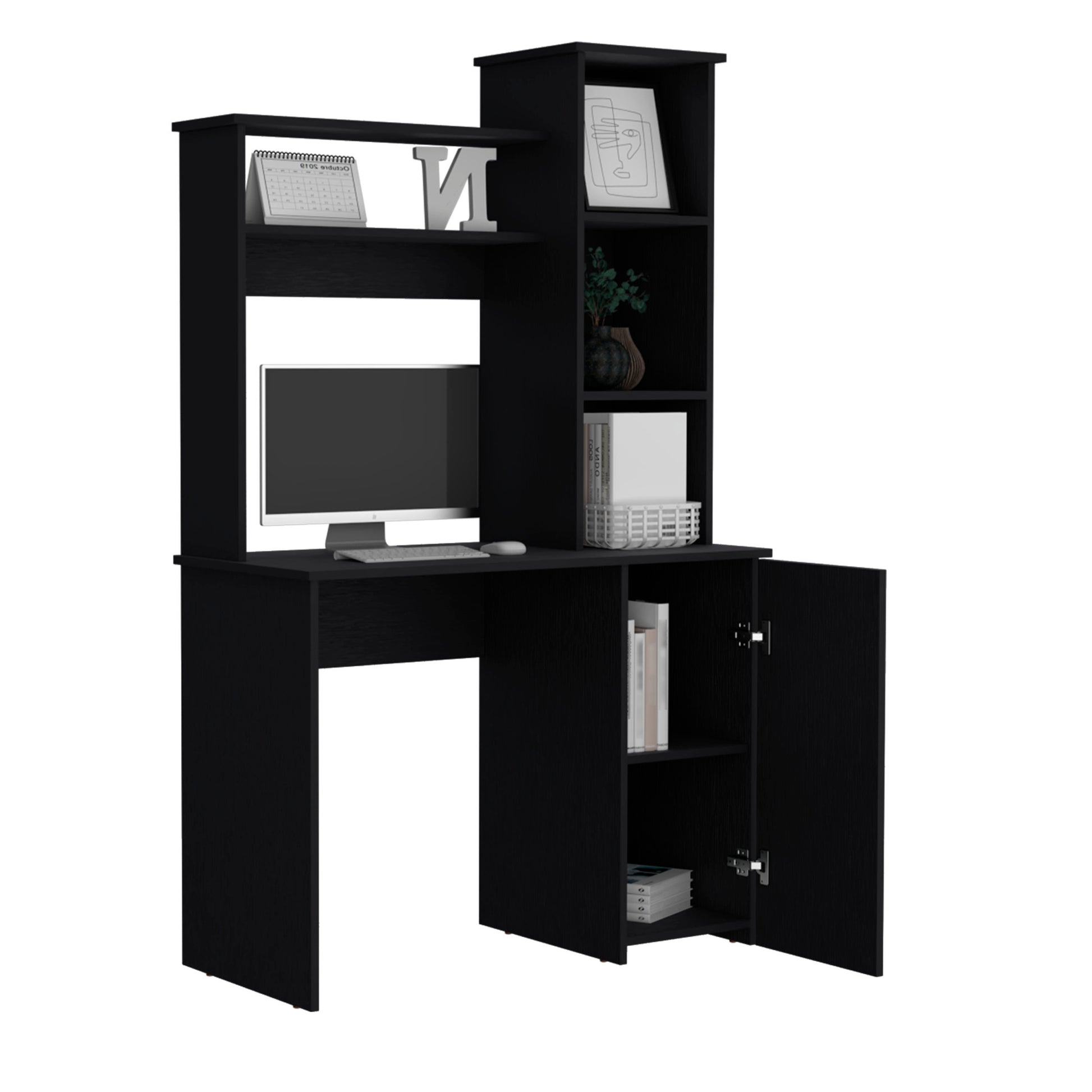 Carson Computer Desk With Hutch, Single Door Cabinet, Expansive Work Surface And 3 Tier Storage Shelves Black Computer Desk Office Modern Freestanding Rectangular Open Storage Desk Rectangular Particle Board Engineered Wood