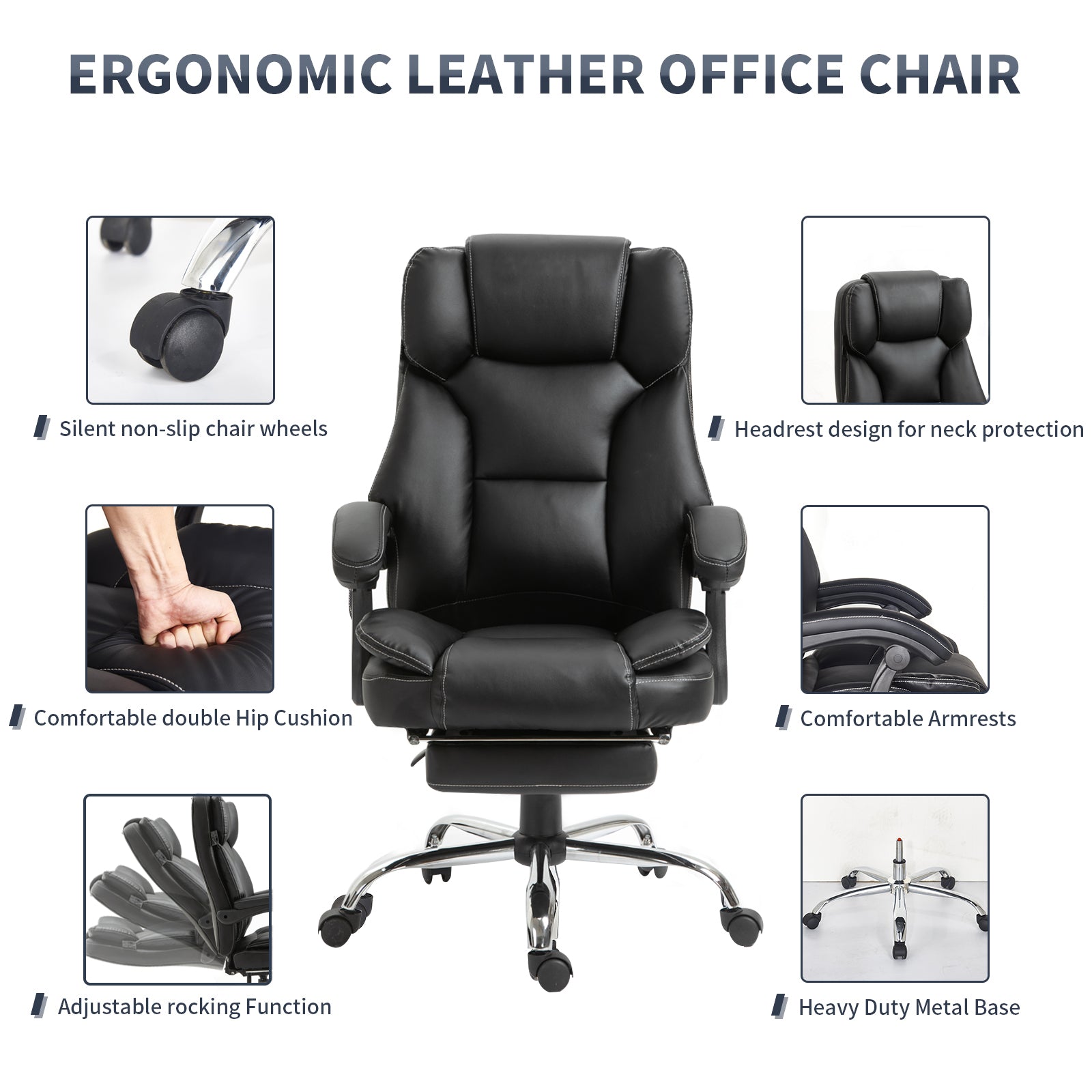 Reclining Office Chair With Massage, Ergonomic Computer Chair With Foot Rest Black Pu Iron