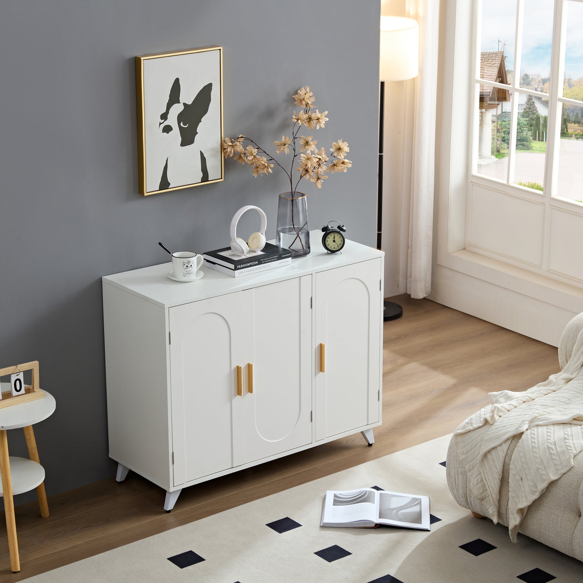 Sideboard Buffet Cabinet With 3 Doors And Removable Shelves, For Living Room, Dining Room, Ivory White White Dining Room American Design,American Traditional Particle Board Particle Board