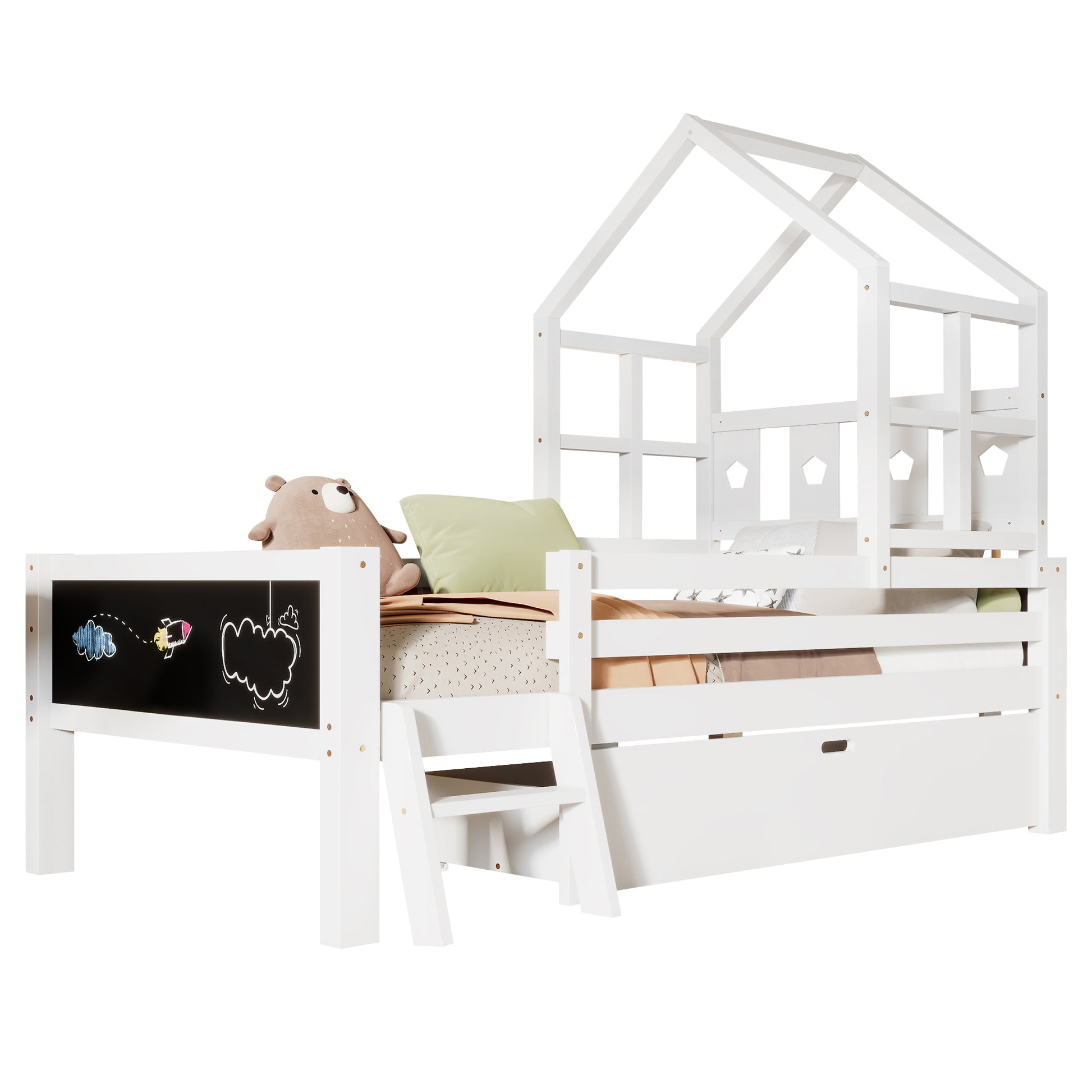 Twin Size House Bed With Ladder And Storage Drawers For Kid Bedroom,Solid Wood Platfrom Bedframe With 2 Blackboard Design, No Box Spring Needed, White Twin White Partice Board Mdf Pine Wood