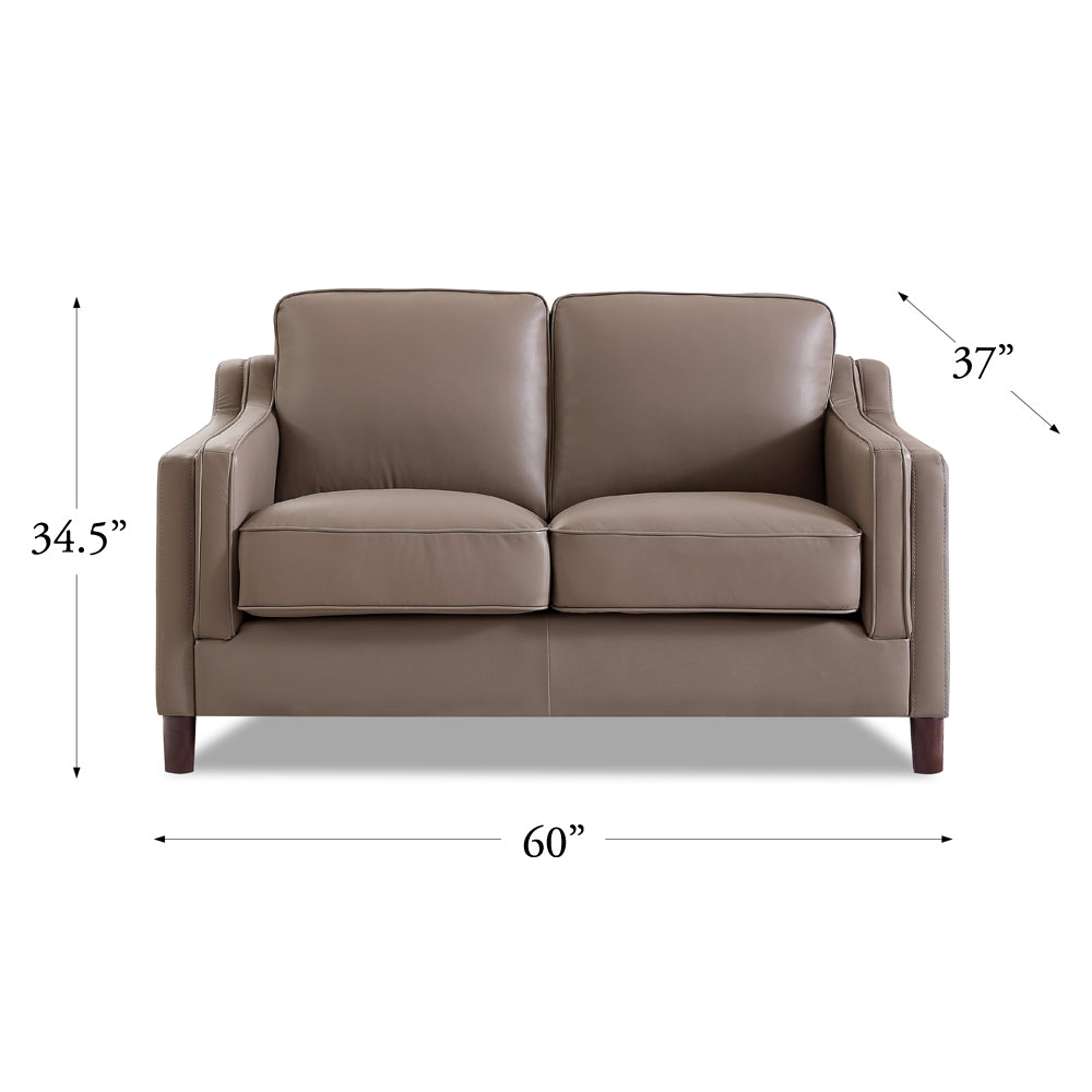 Bella Top Grain Leather Loveseat Taupe Brown Genuine Leather Wood Primary Living Space Medium Firm Cushion Back Mid Century Modern Eucalyptus Square Arms Down Filling Leather