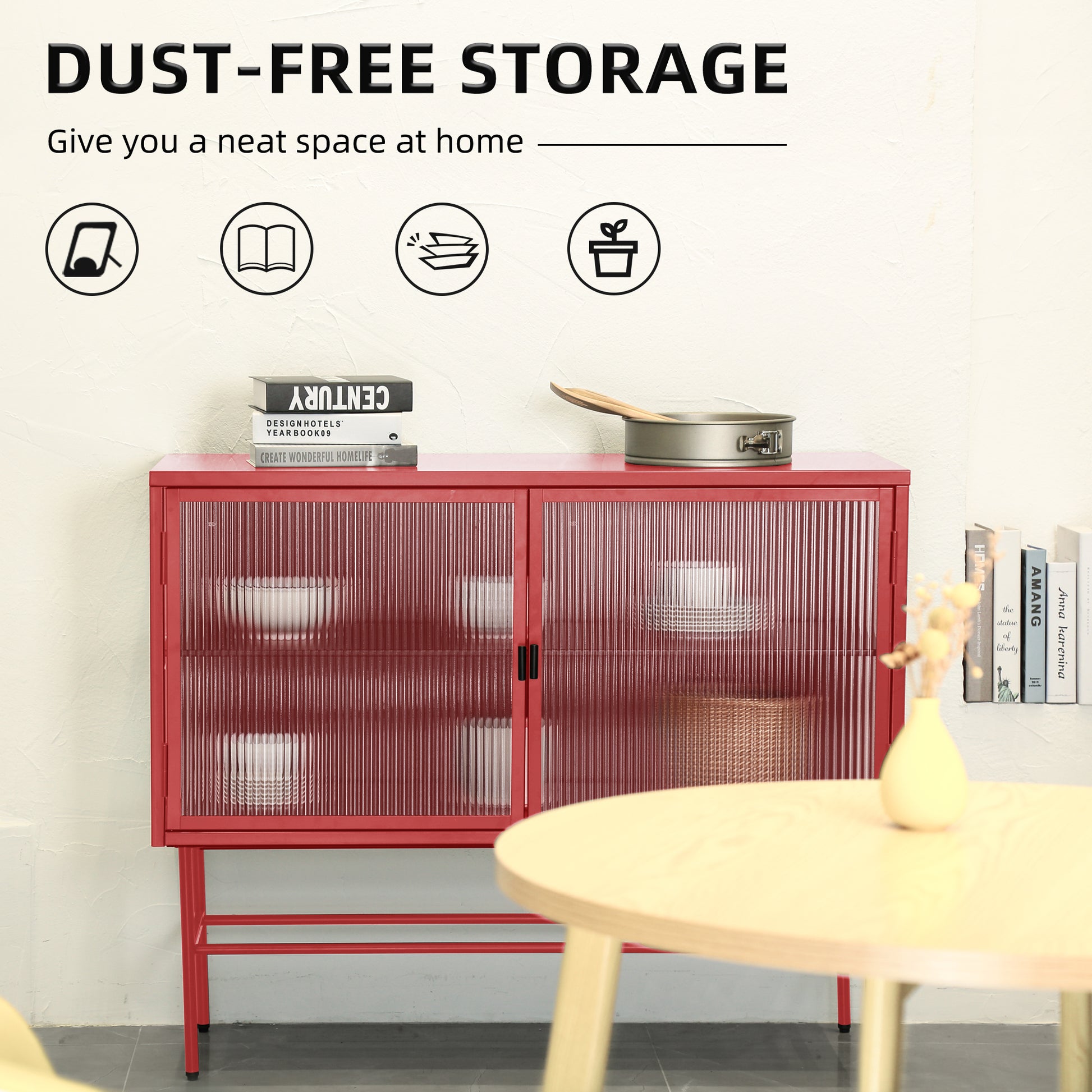 Red Sideboard Storage Cabinet With Two Fluted Glass Doors Detachable Shelves Bottom Space For Living Room, Office, Dinging Room And Entryway Old Sku:W68751711 Red Steel