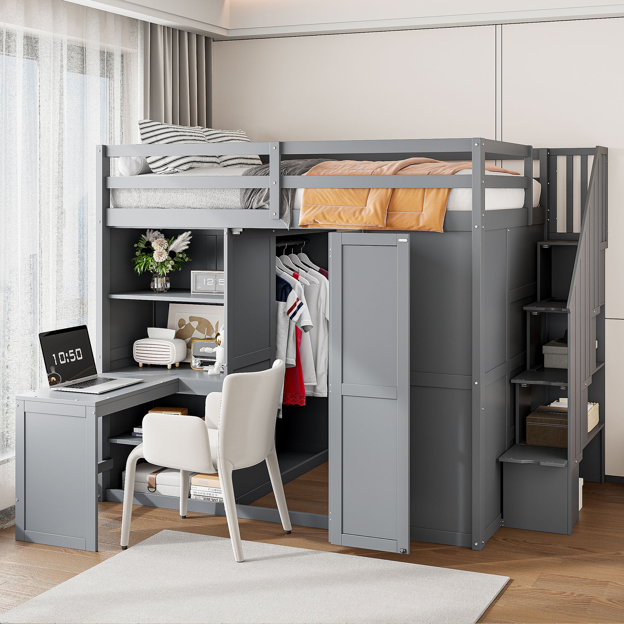 Full Size Loft Bed With Wardrobe,Desk And Shelves,Grey Grey Mdf Lvl