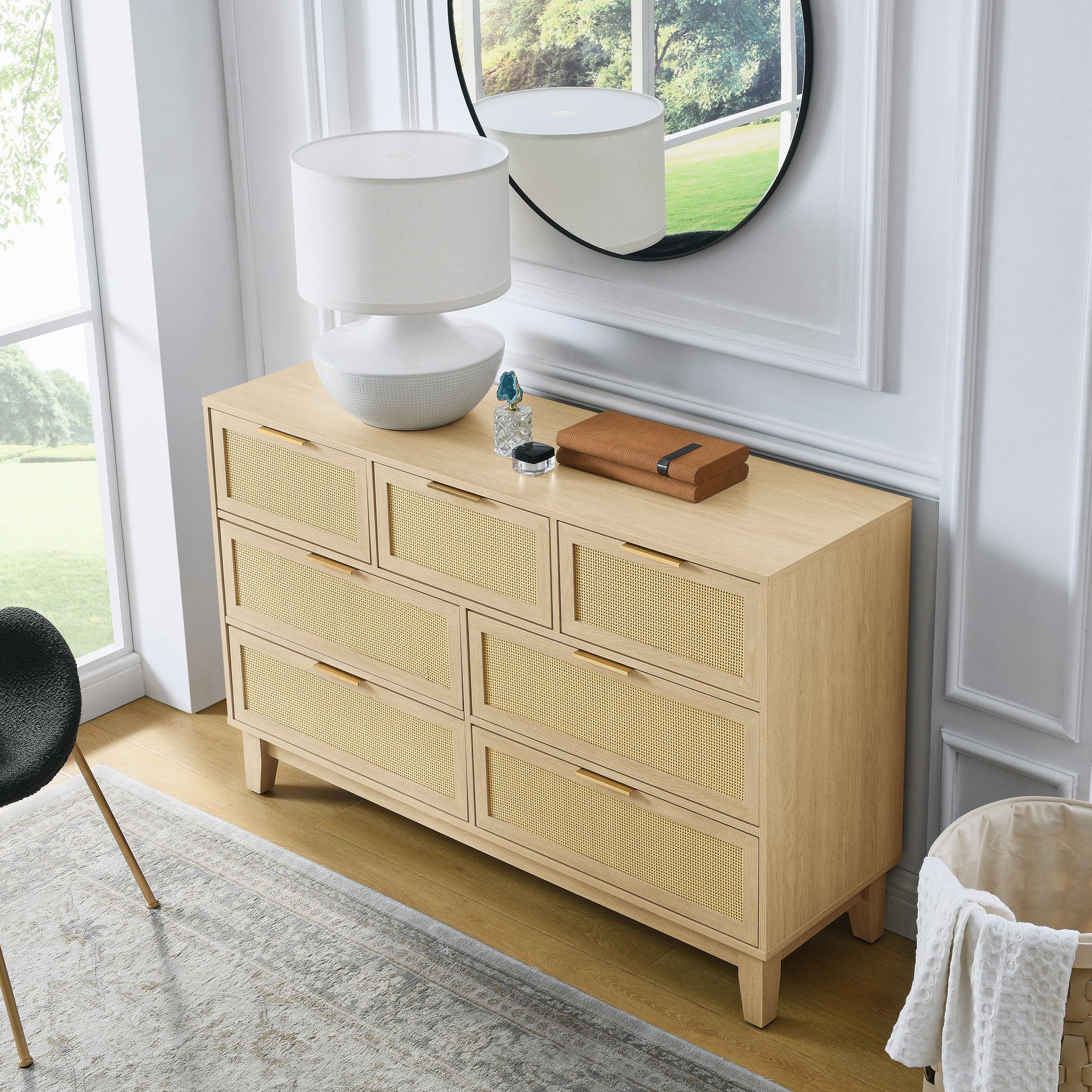 Bedroom 7 Drawer Dresser, Rattan Dresser Modern Wooden Chest Of Drawers With Spacious Storage Space For Bedroom Hallway Living Room Natural Wood Solid Wood Mdf