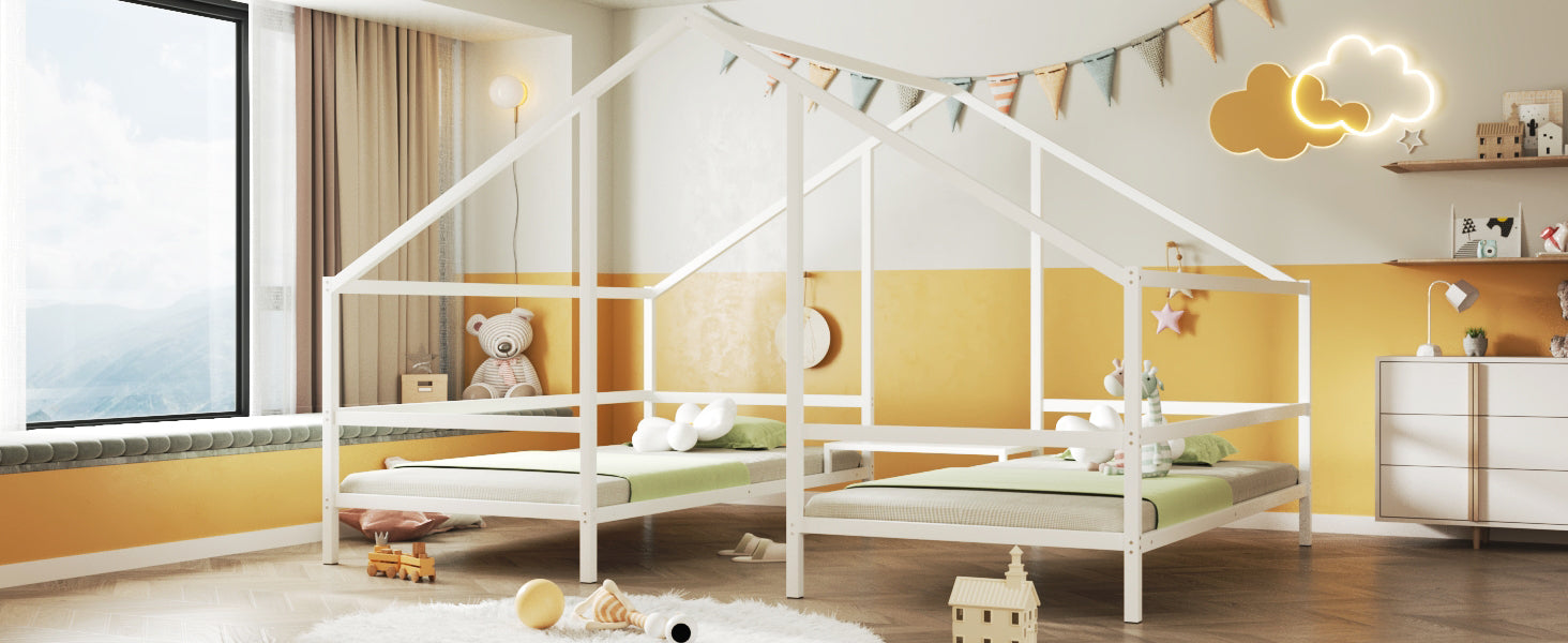 Metal Double Twin Size Triangular House Beds With Built In Table, White Box Spring Not Required Twin White Metal Metal