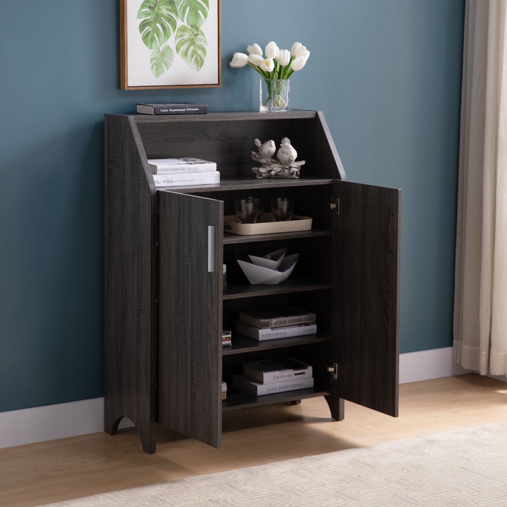 Shoe Cabinet With Open Shelving And Metal Handles In Distressed Grey Finish Gray Mdf