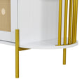 2 Door Elegant Curved Dining Cabinet With Gold Trim And Woven Rattan Doors For Dining Room White White Particle Board