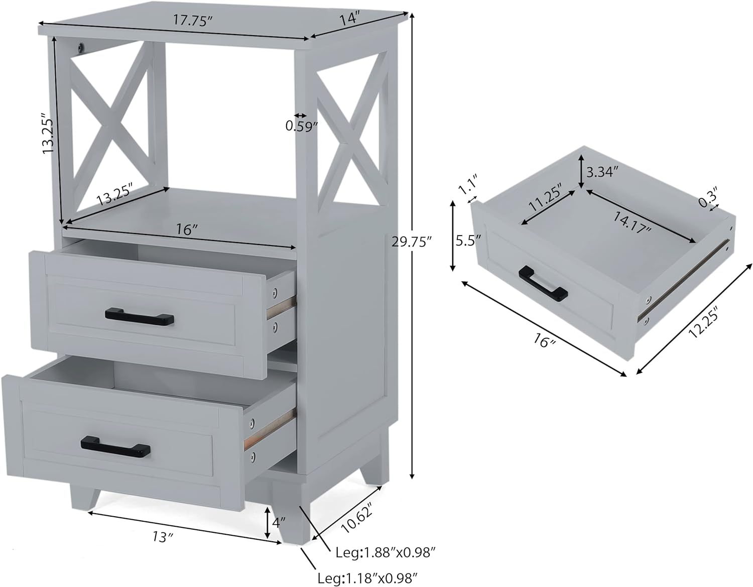 2 Drawer Cabinet Gray Mdf