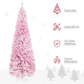 Homcom 7.5' Tall Unlit Snow Flocked Artificial Christmas Tree Slim Pencil Xmas Tree With Pine Shape And Realistic Branches, Pink Pink Plastic