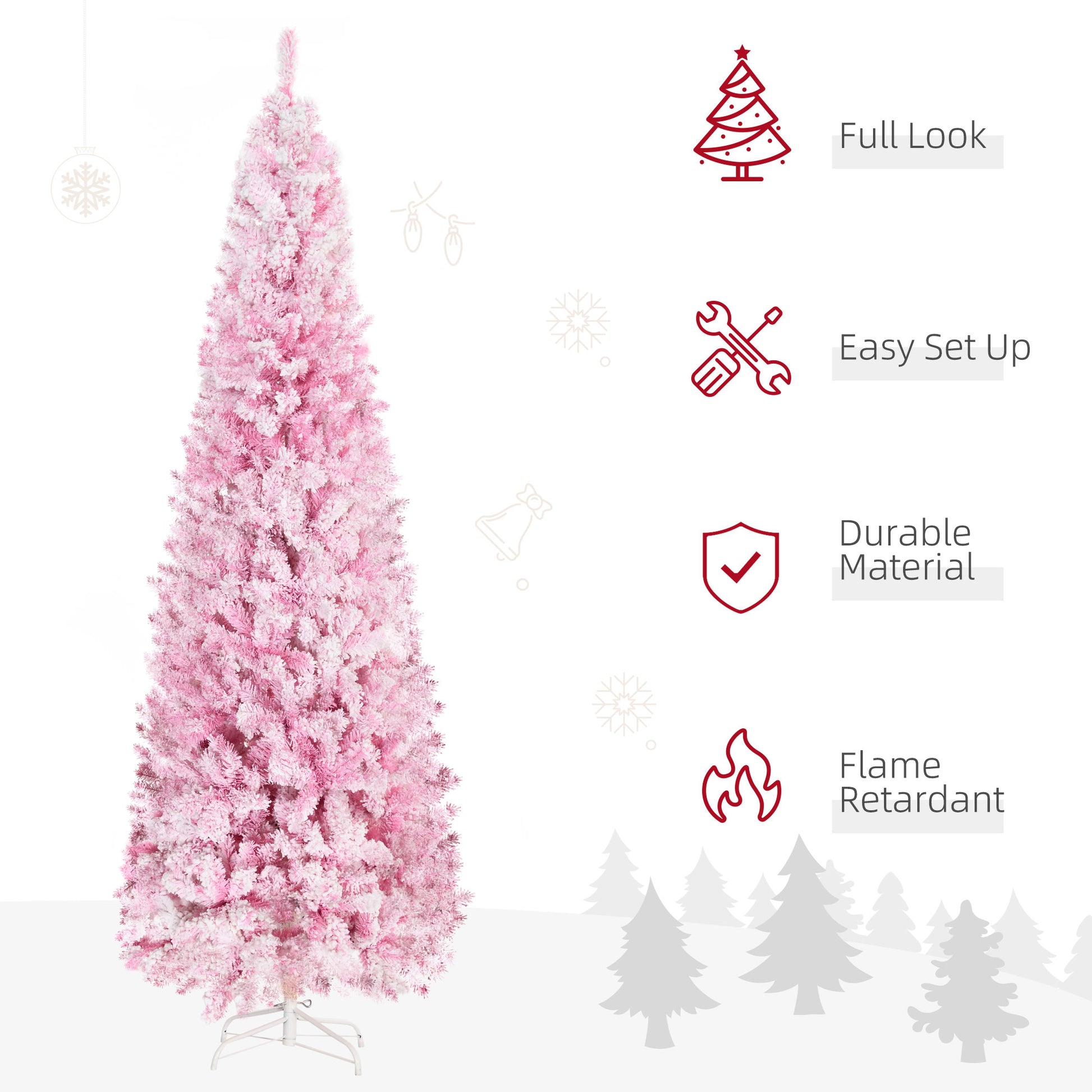 Homcom 7.5' Tall Unlit Snow Flocked Artificial Christmas Tree Slim Pencil Xmas Tree With Pine Shape And Realistic Branches, Pink Pink Plastic