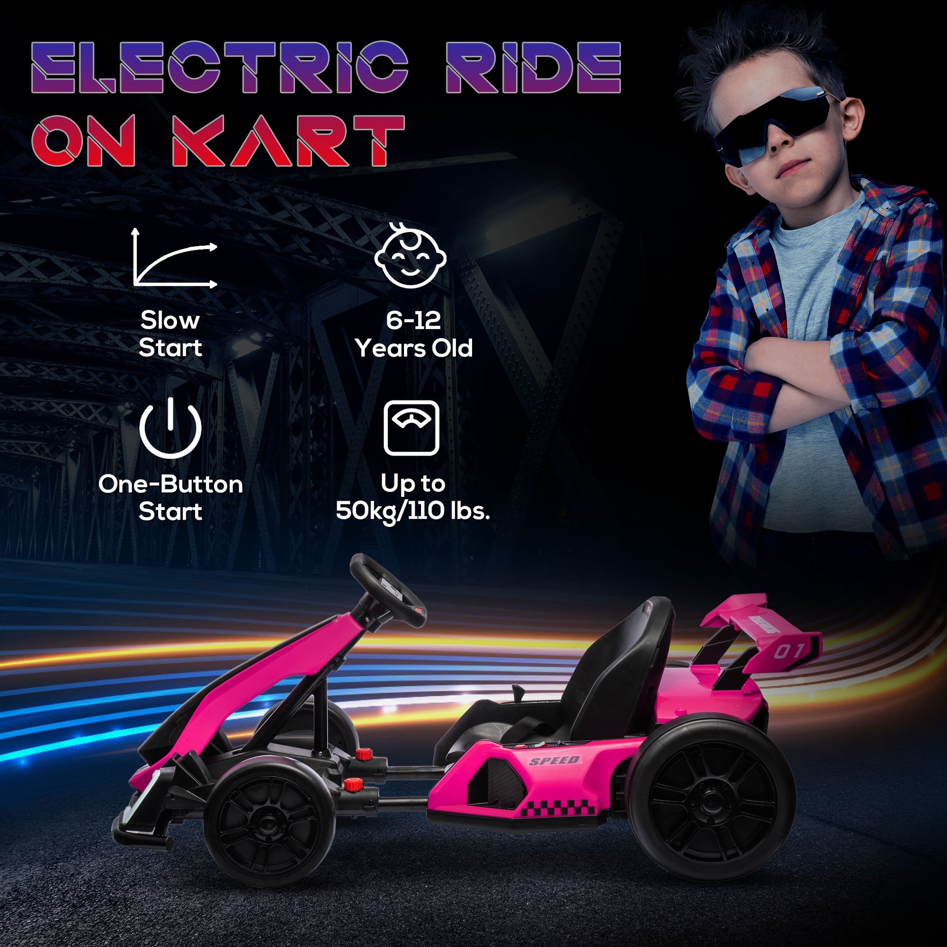 Aosom 24V 7.5 Mph Electric Go Kart With Adjustable Seat, Drifting Car Battery Powered Ride On Toy Outdoor With Slow Start, Button Start, Music, Honking Horn, Lights, For 6 12 Years Old, Pink Pink Plastic