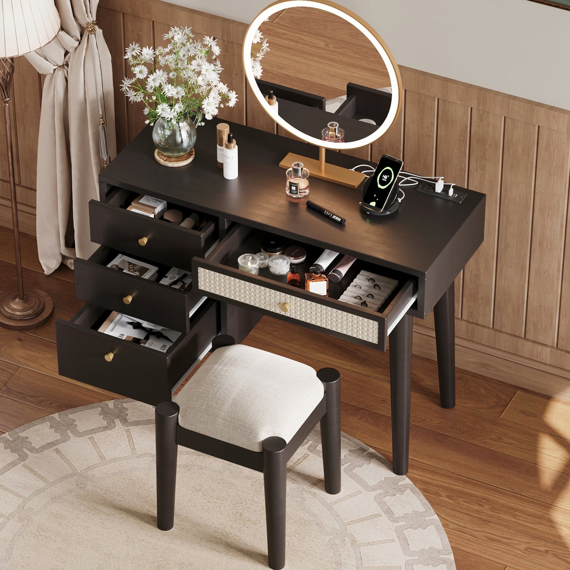 39" Retro Bohemian Style Wooden Makeup Vanity Set With Charging Plug&Usb Port And Stool, Dressing Table With 3 Storage Drawers And 1 Rectangular Rattan Drawer, Black Expected Arrival Time: 08.23 Black 4 Drawers Wood