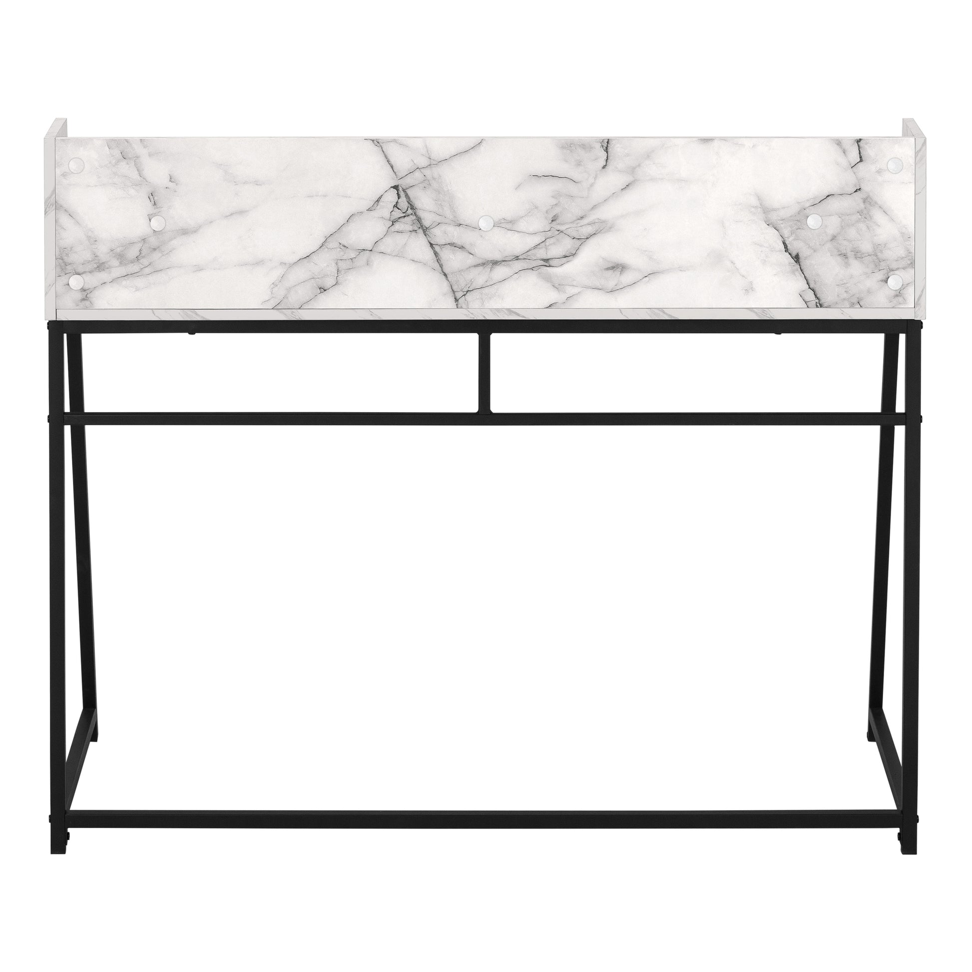 Computer Desk, Home Office, Laptop, Storage Shelves, 48"L, Work, White Marble Look Laminate, Black Metal, Contemporary, Modern White Particle Board